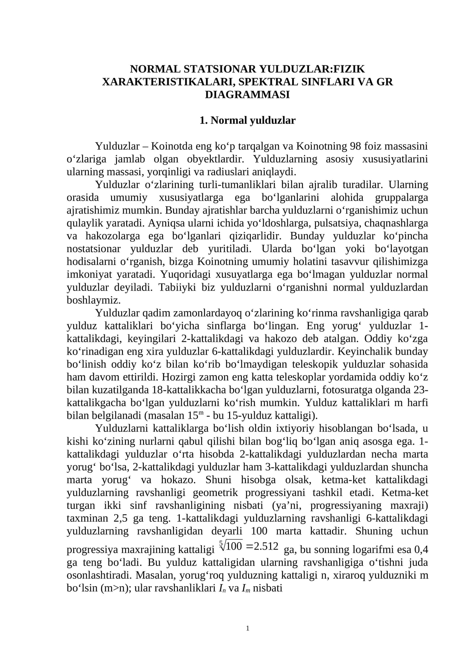 Normal Statisonar Yulduzlar:Fizik Xarakteristikalari, Spektral Sinflari va GR Diagrammasi