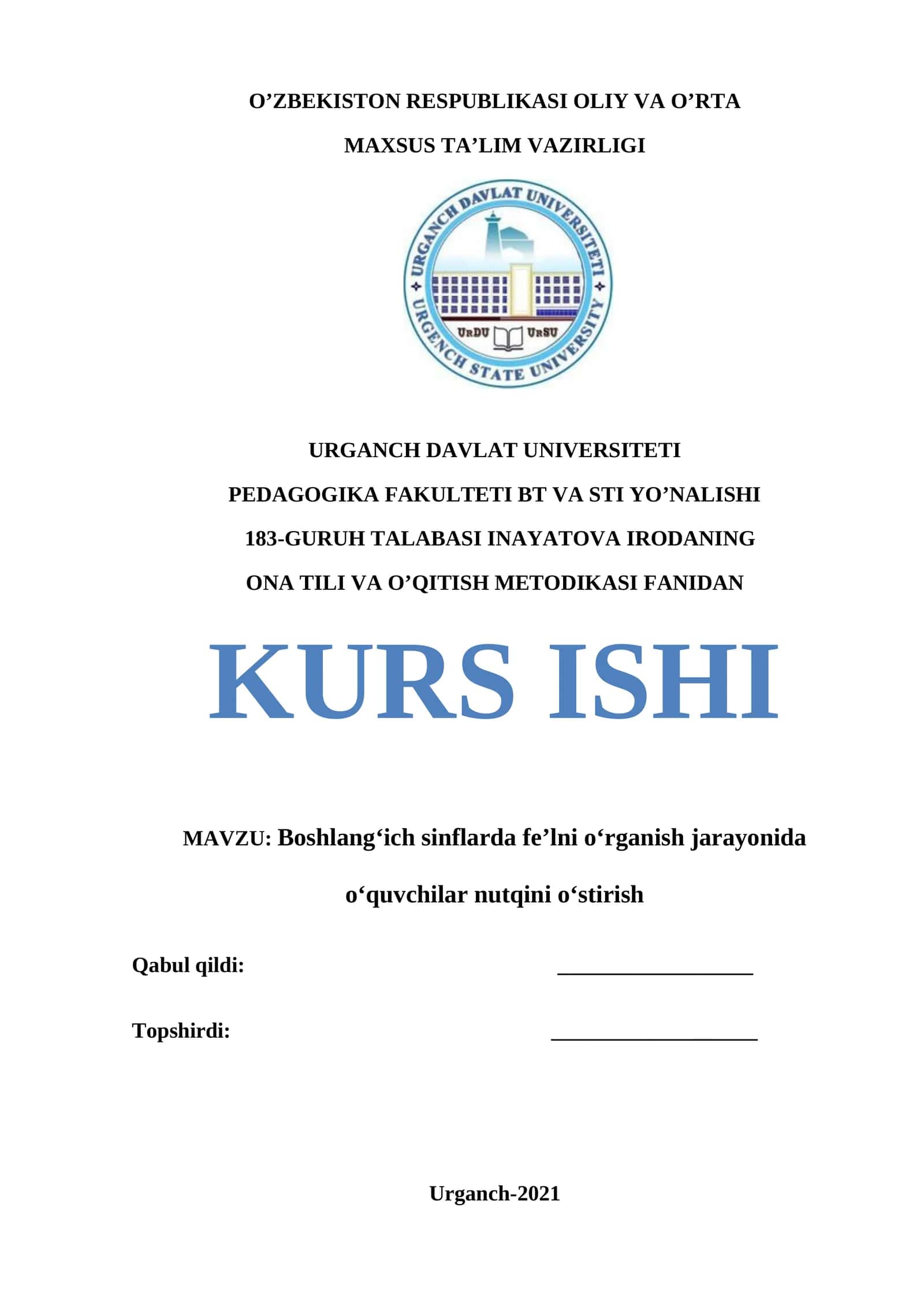 ONA TILI VA O’QITISH METODIKASI