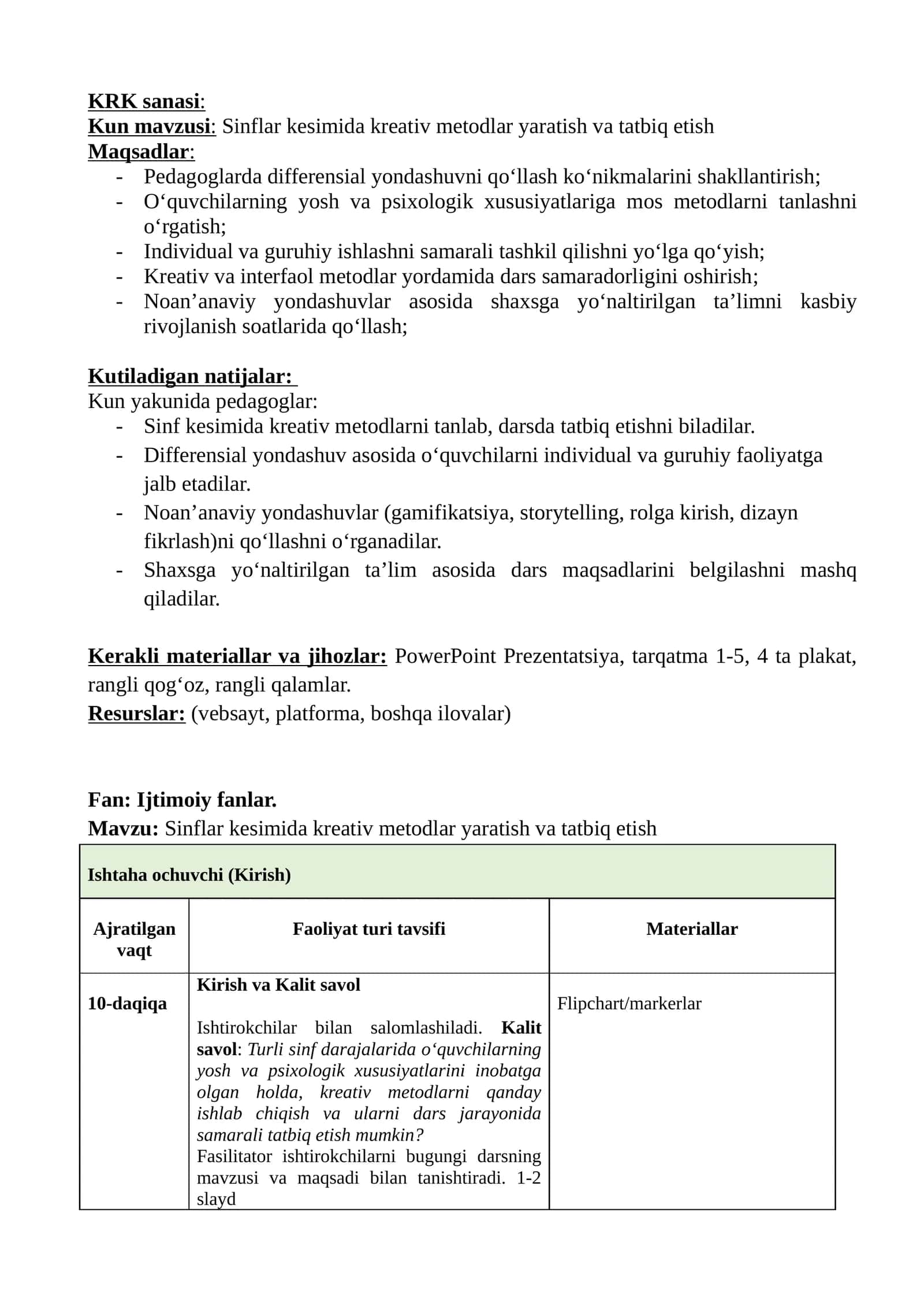 Sinflar kesimida kreativ metodlar yaratish va tatbiq etish