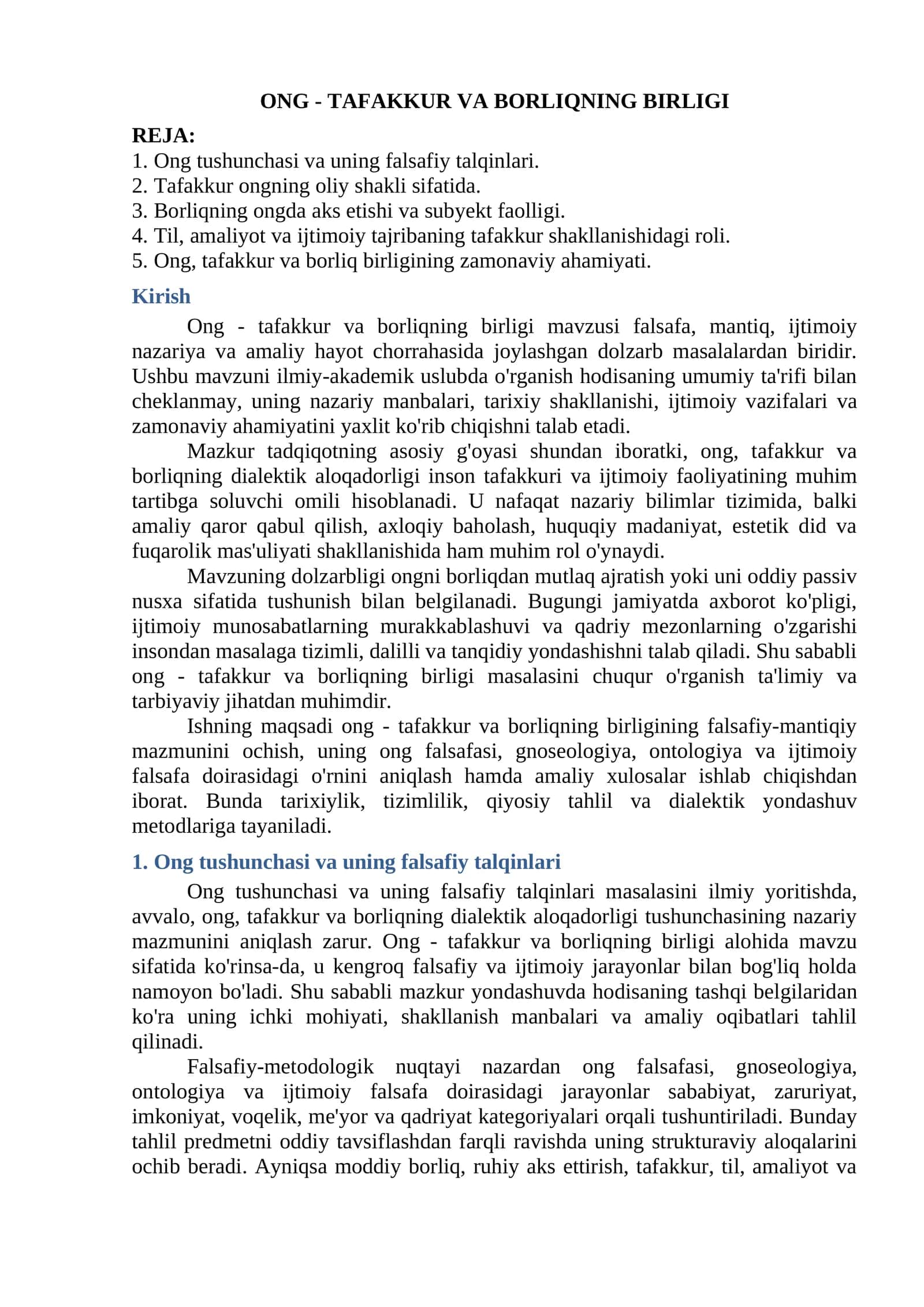 Ong - Tafakkur va Borliqning Birligi