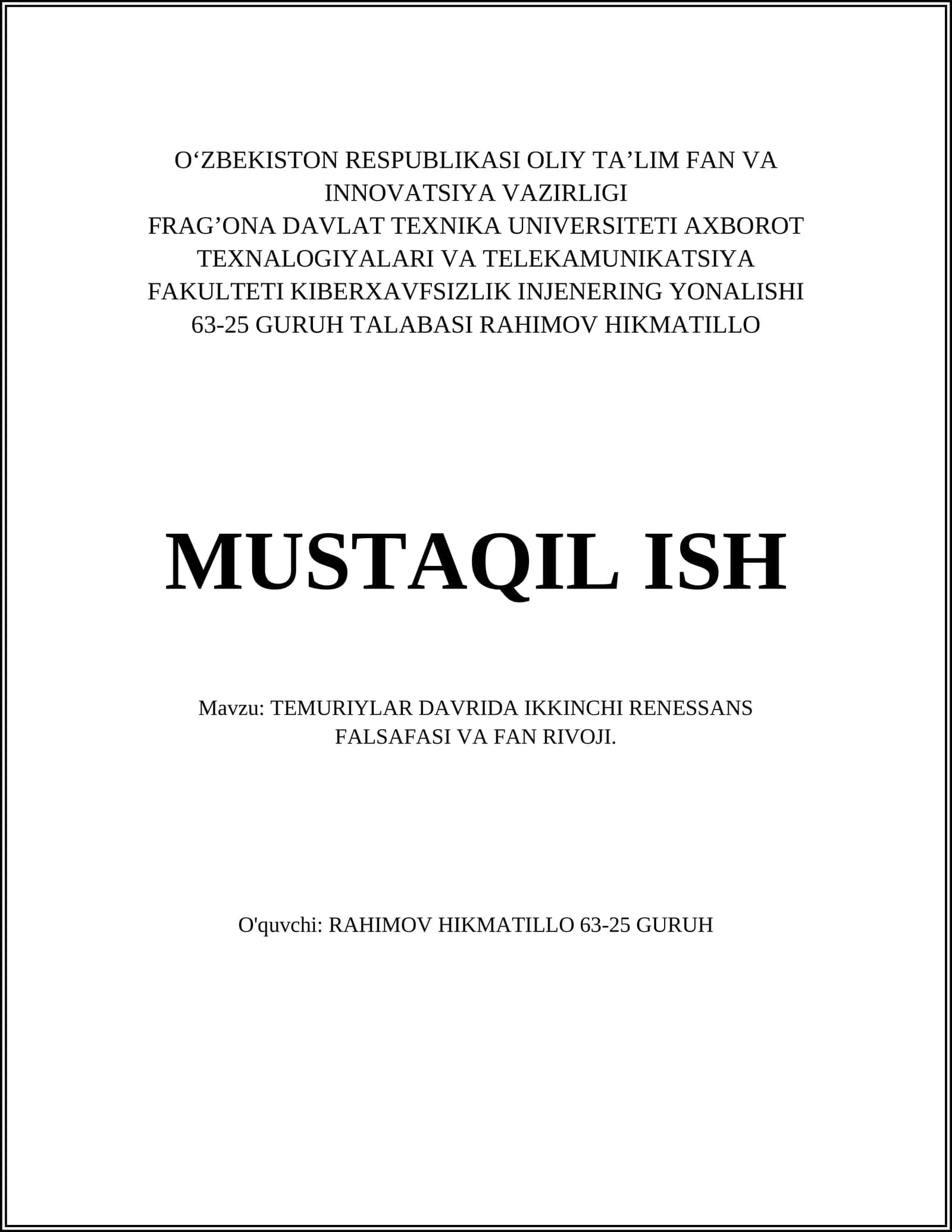 TEMURIYLAR DAVRIDA IKKINCHI RENESSANS FALSAFASI VA FAN RIVOJI