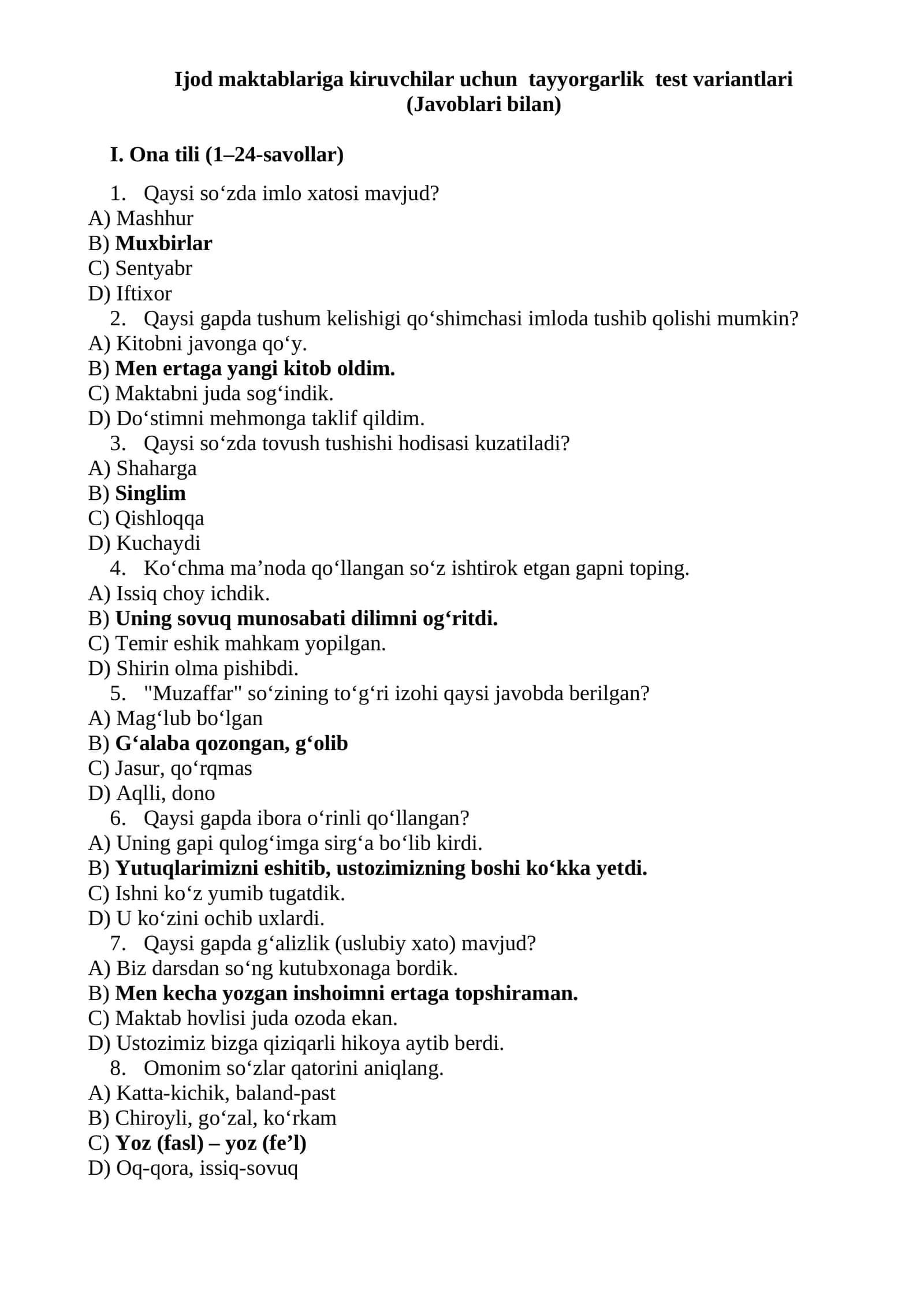Ijod maktablariga kiruvchilar uchun tayyorgarlik test variantlari