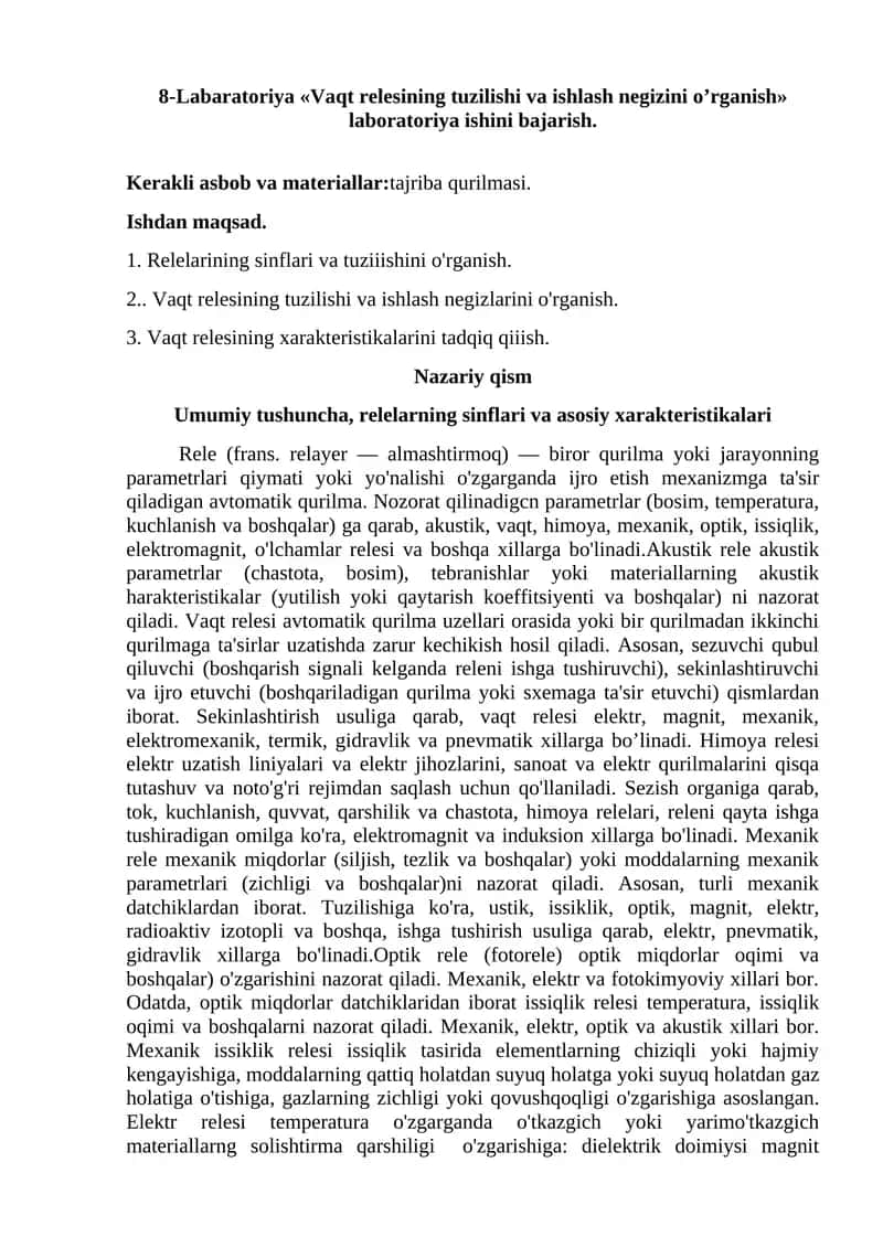 Vaqt relesining tuzilishi va ishlash negizini o’rganish