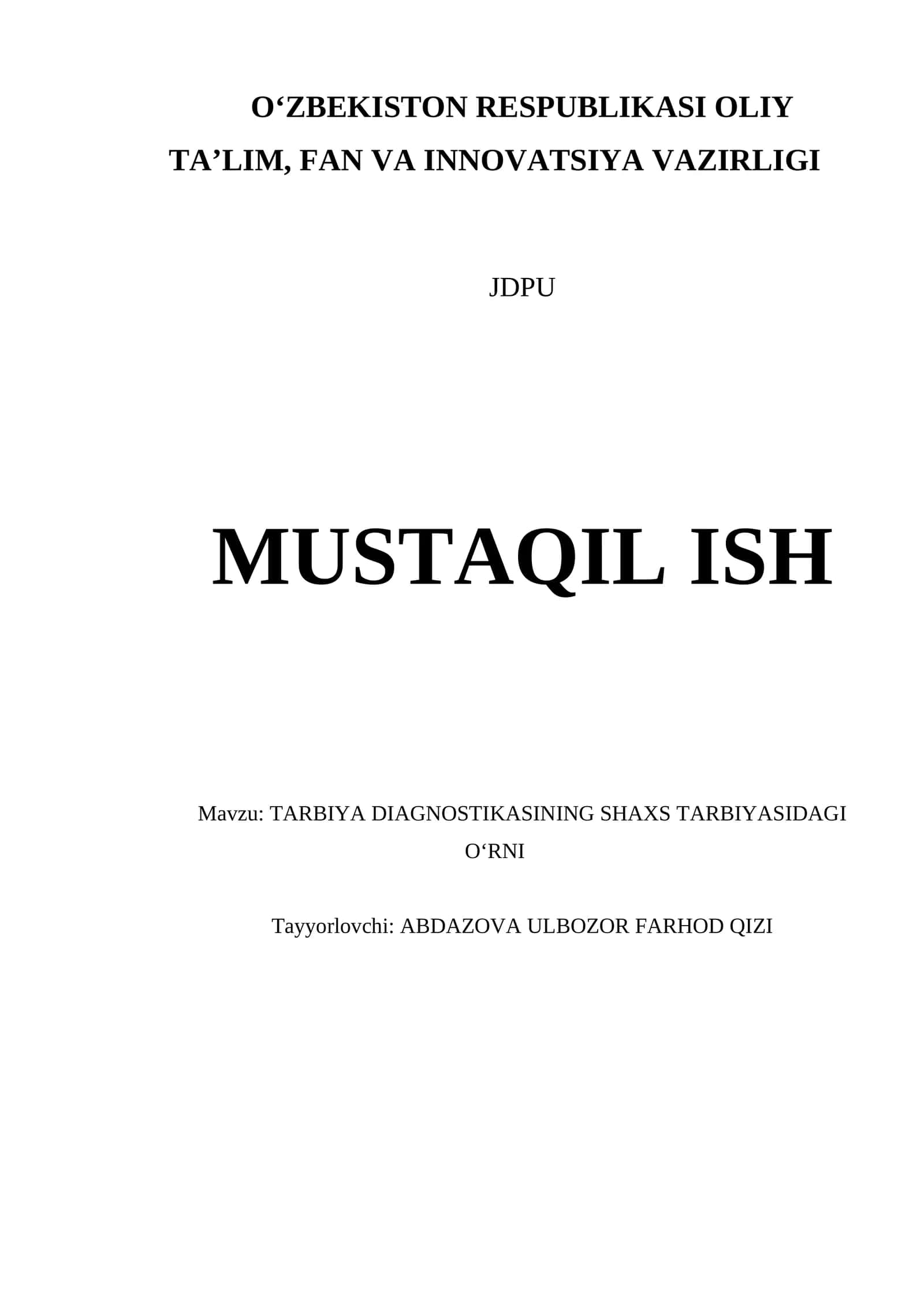 TARBIYA DIAGNOSTIKASINING SHAXS TARBIYASIDAGI OʻRNI