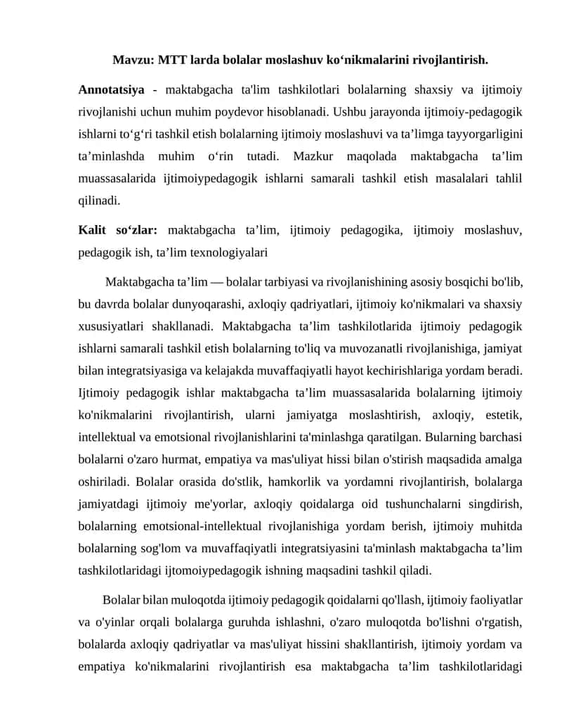 MTT larda bolalar moslashuv ko‘nikmalarini rivojlantirish