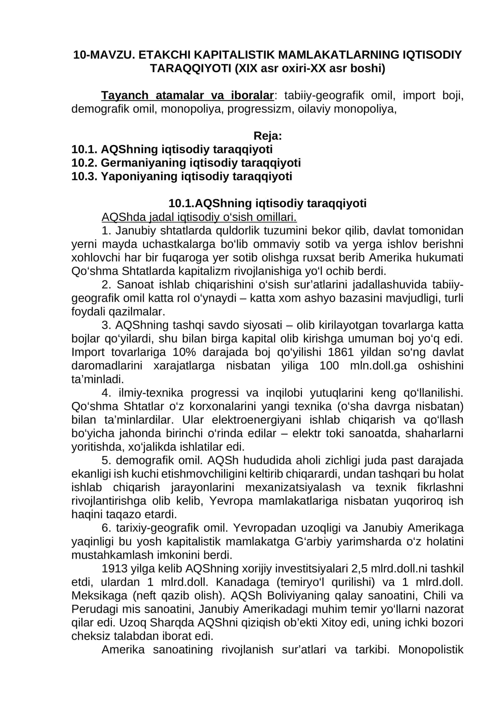 Etakchi kapitalistik mamlakatların iqtisodiy taraggiyoti (XIX asr oxiri-XX asr boshi)