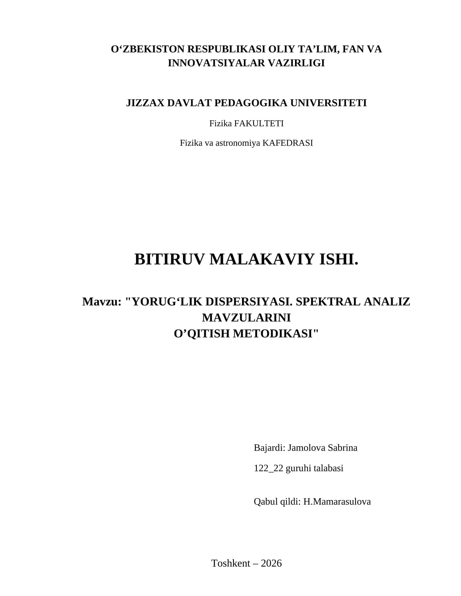 Yorug‘lik dispersiyasi. Spektral analiz mavzularini