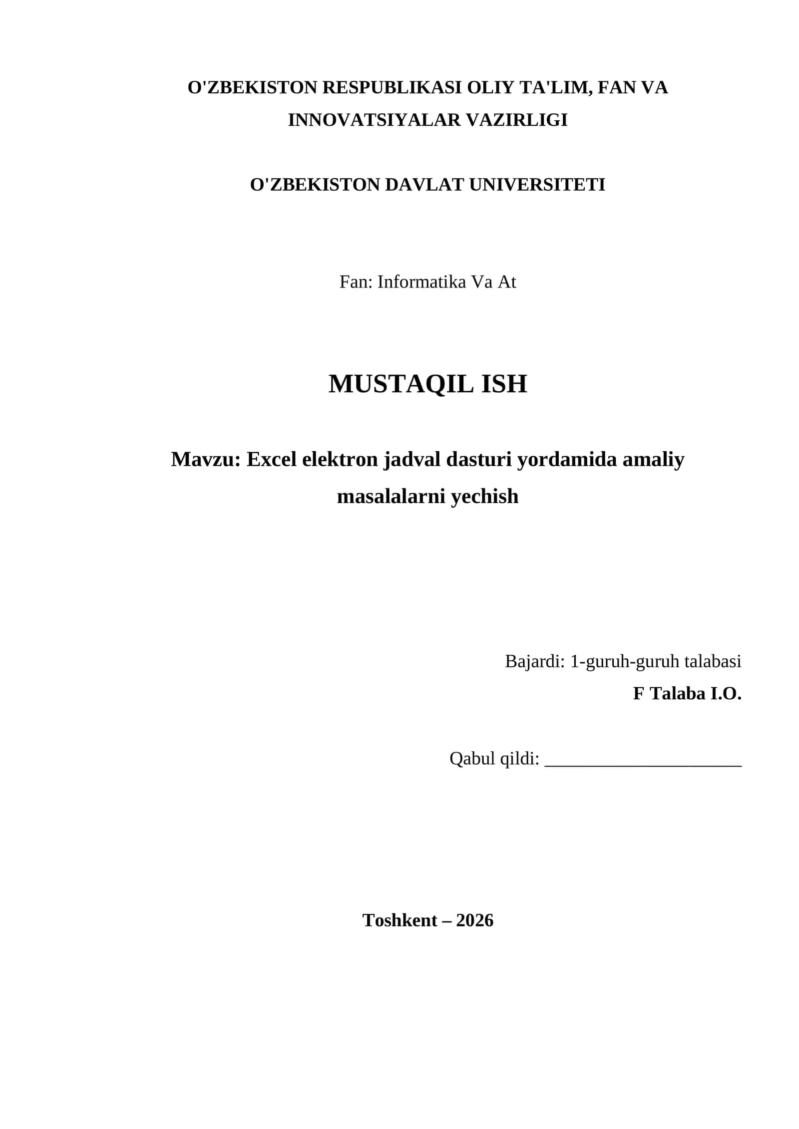 Excel elektron jadval dasturi yordamida amaliy masalalarni yechish