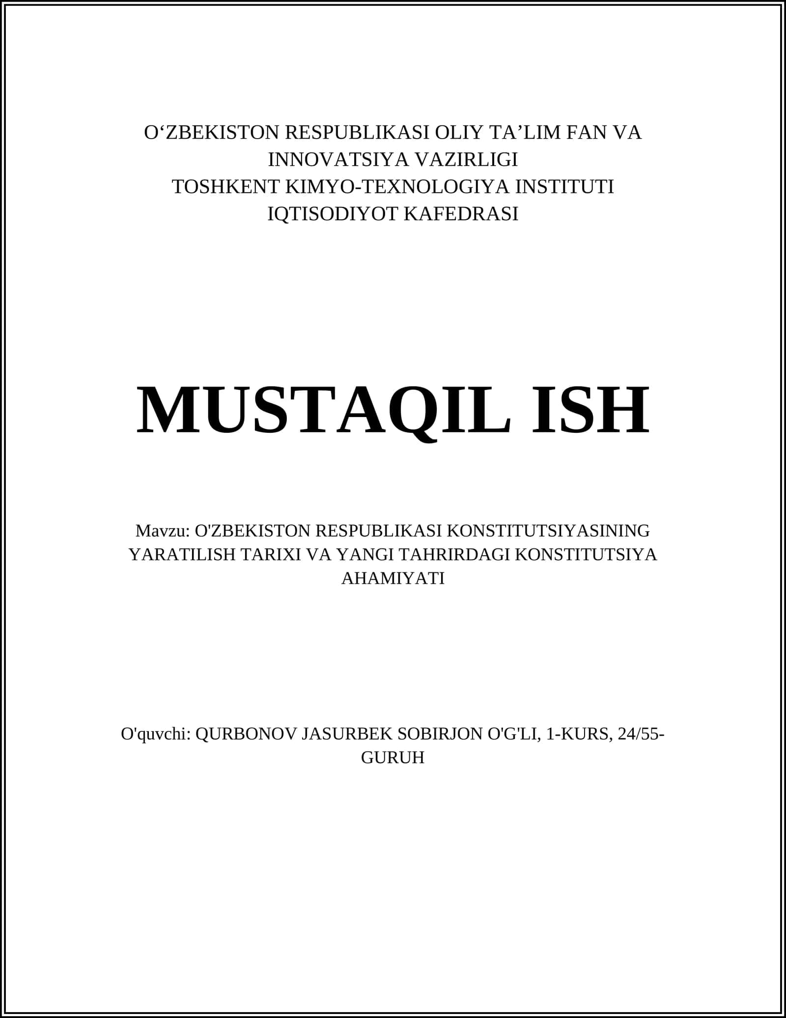 O'ZBEKISTON RESPUBLIKASI KONSTITUTSIYASINING YARATILISH TARIXI VA YANGI TAHRIRDAGI KONSTITUTSIYA AHAMIYATI