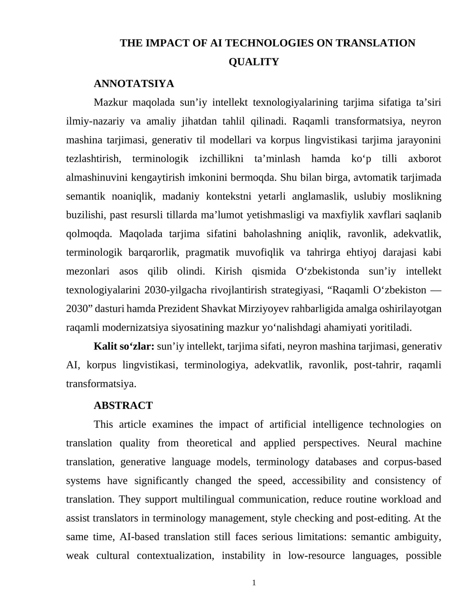 THE IMPACT OF AI TECHNOLOGIES ON TRANSLATION QUALITY