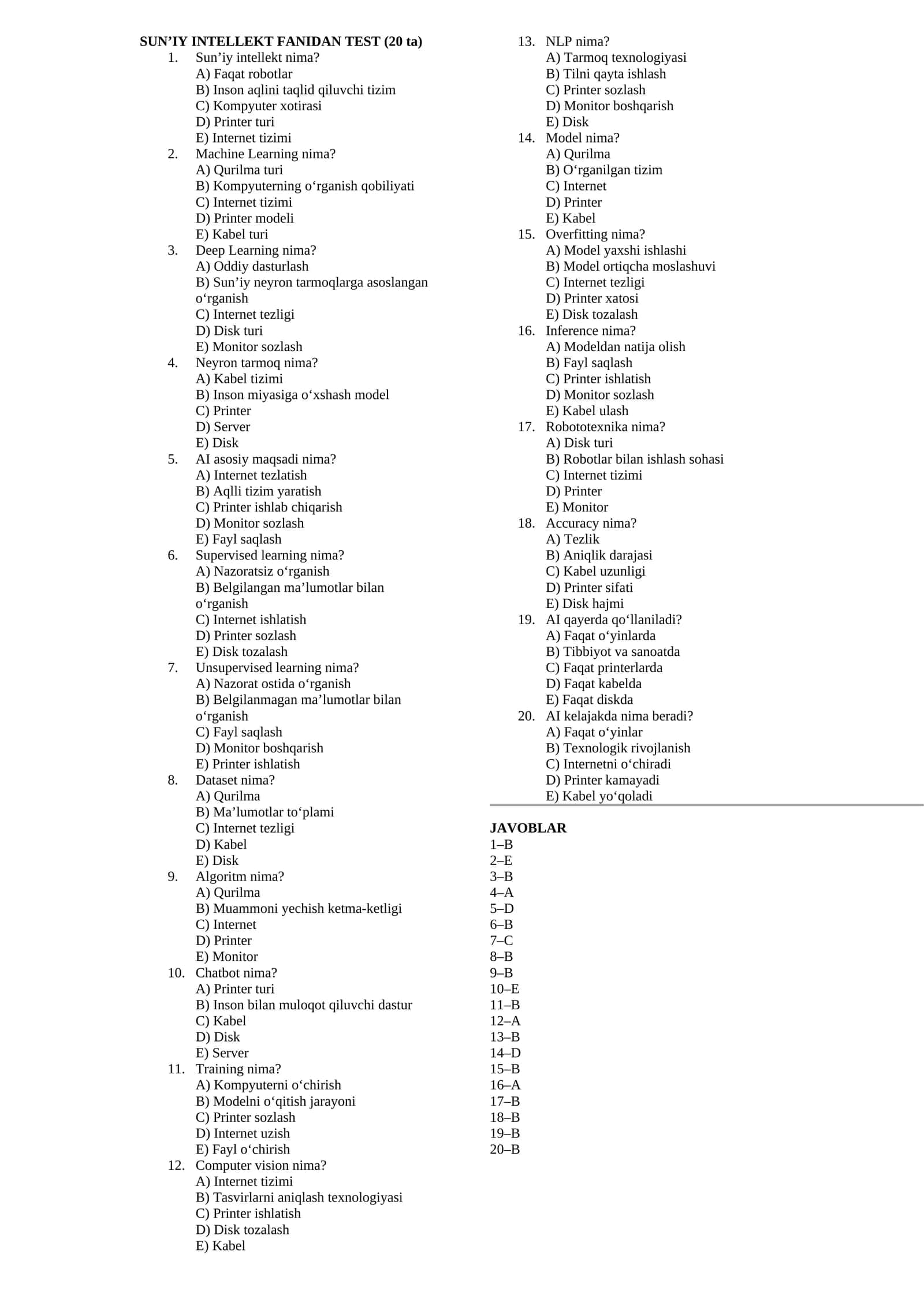 SUN’IY INTELLEKT FANIDAN TEST (20 ta)