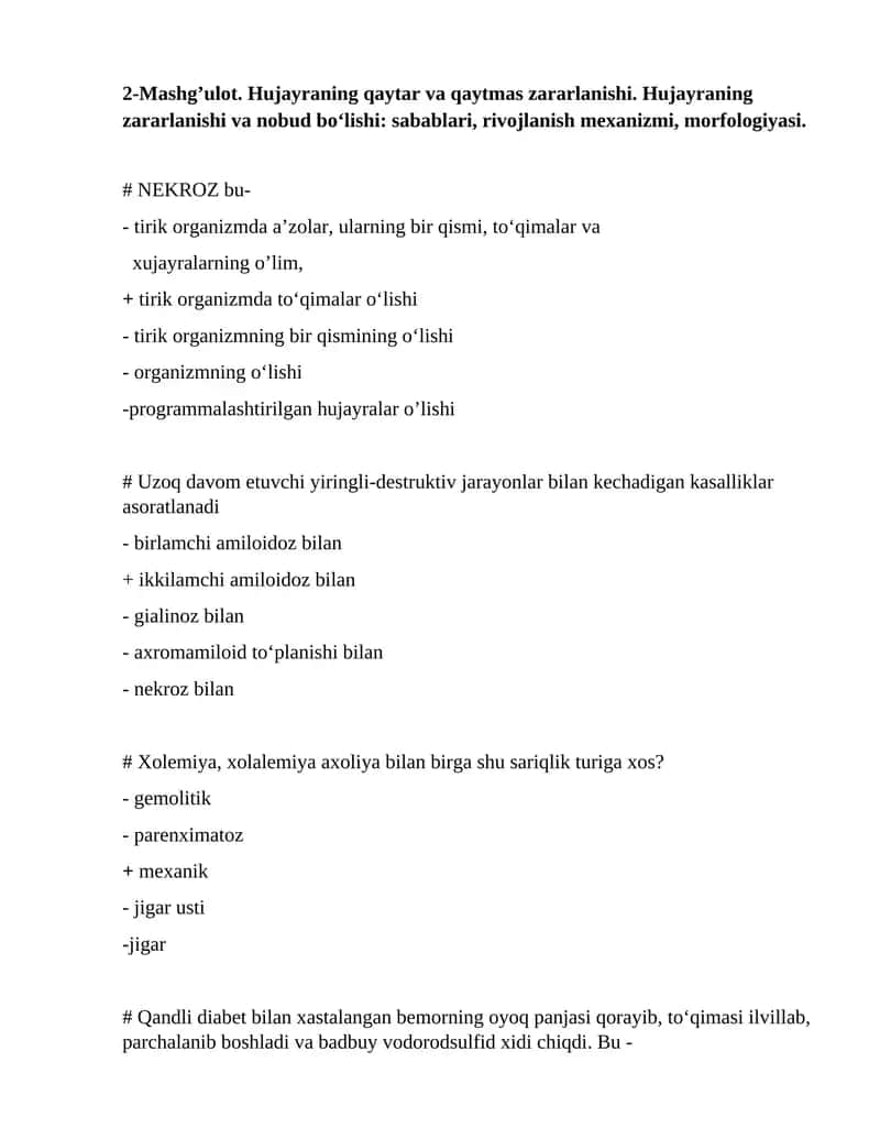 Hujayraning zararlanishi va nobud bo‘lishi: sabablari, rivojlanish mexanizmi, morfologiyasi