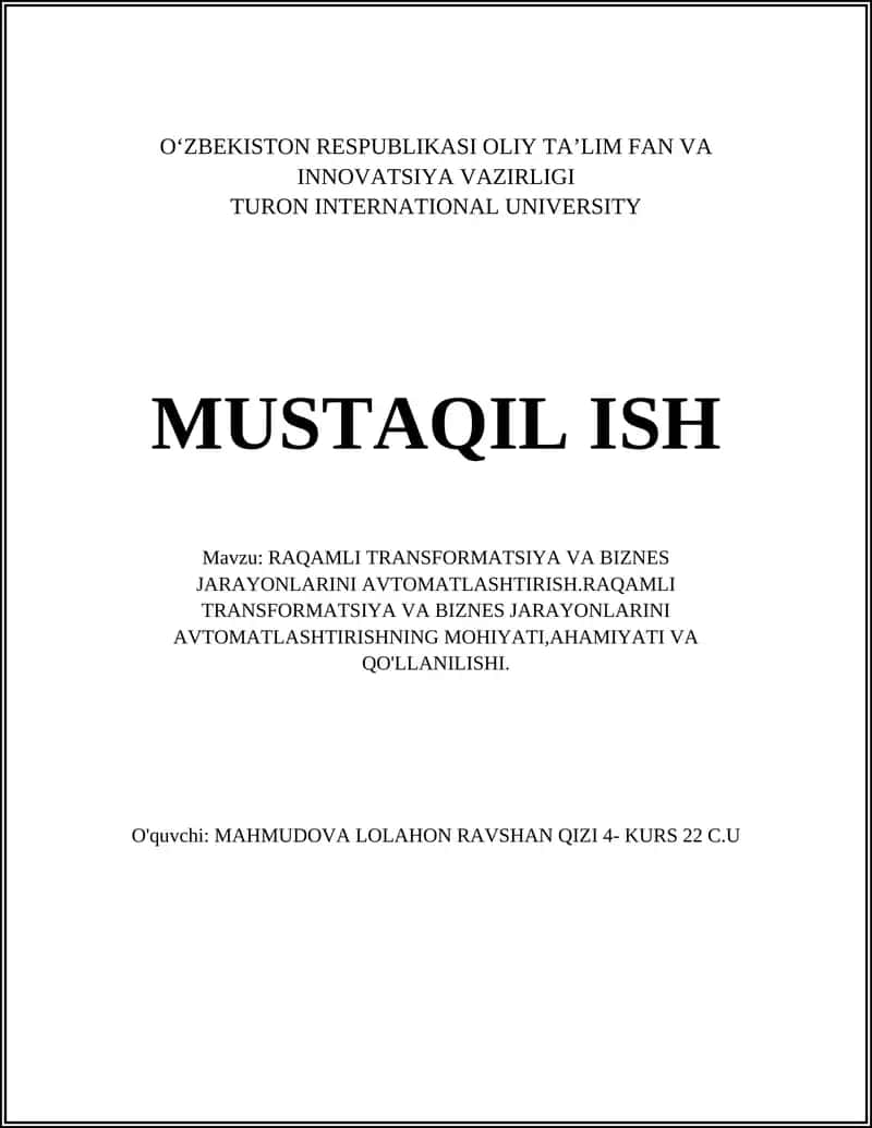 Raqamli transformatsiya va biznes jarayonlarini avtomatlashtirish