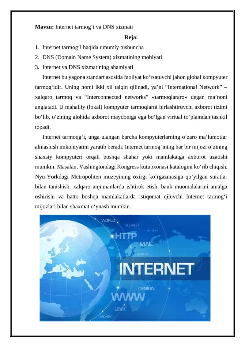 Internet tarmog‘i va DNS xizmati
