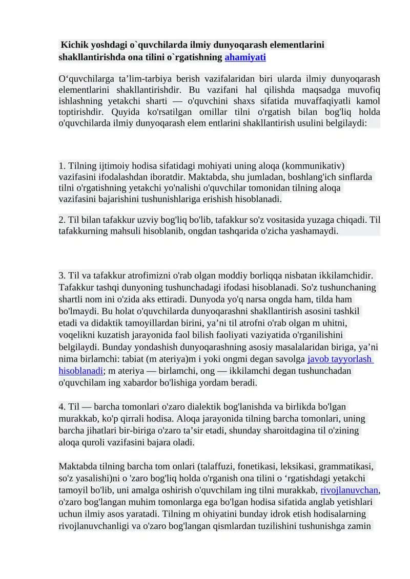 Ilmiy dunyoqarash elementlarini shakllantirish