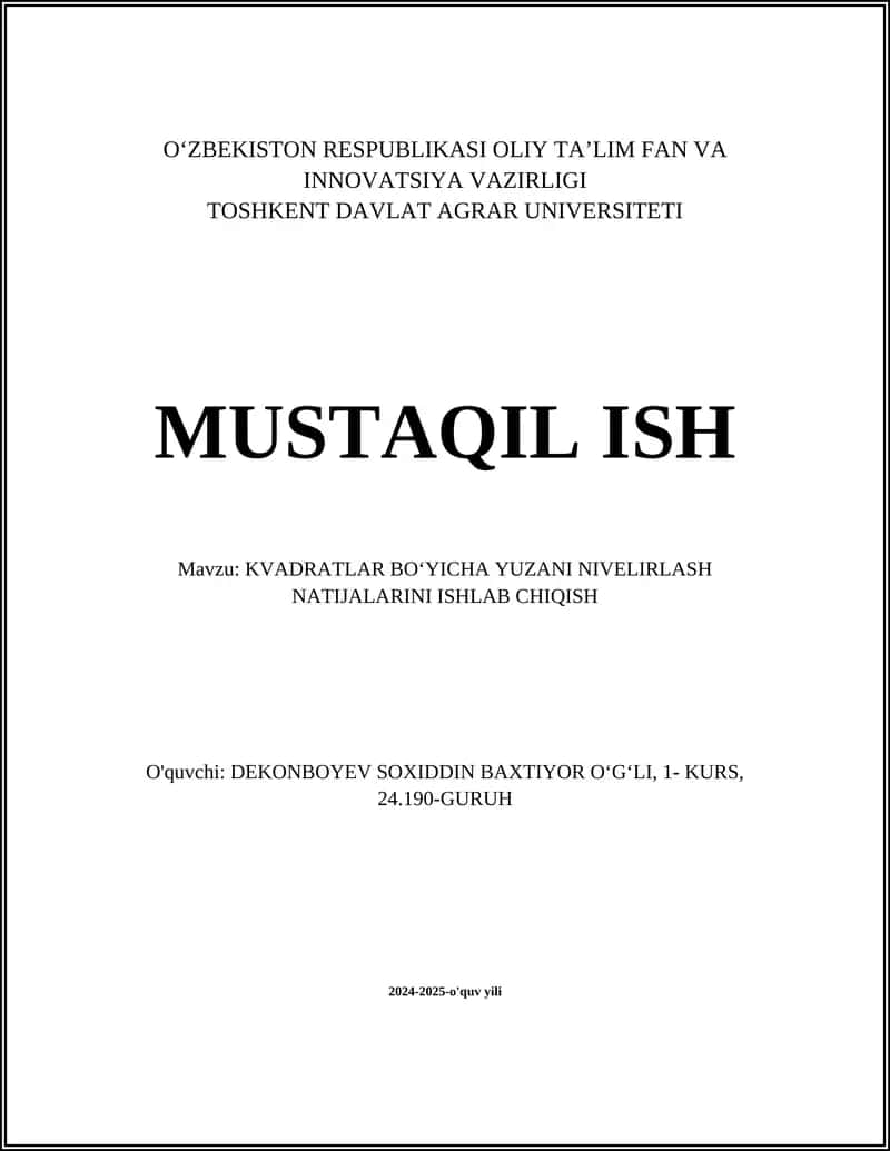 KVADRATLAR BOʻYICHA YUZANI NIVELIRLASH NATIJALARINI ISHLAB CHIQISH