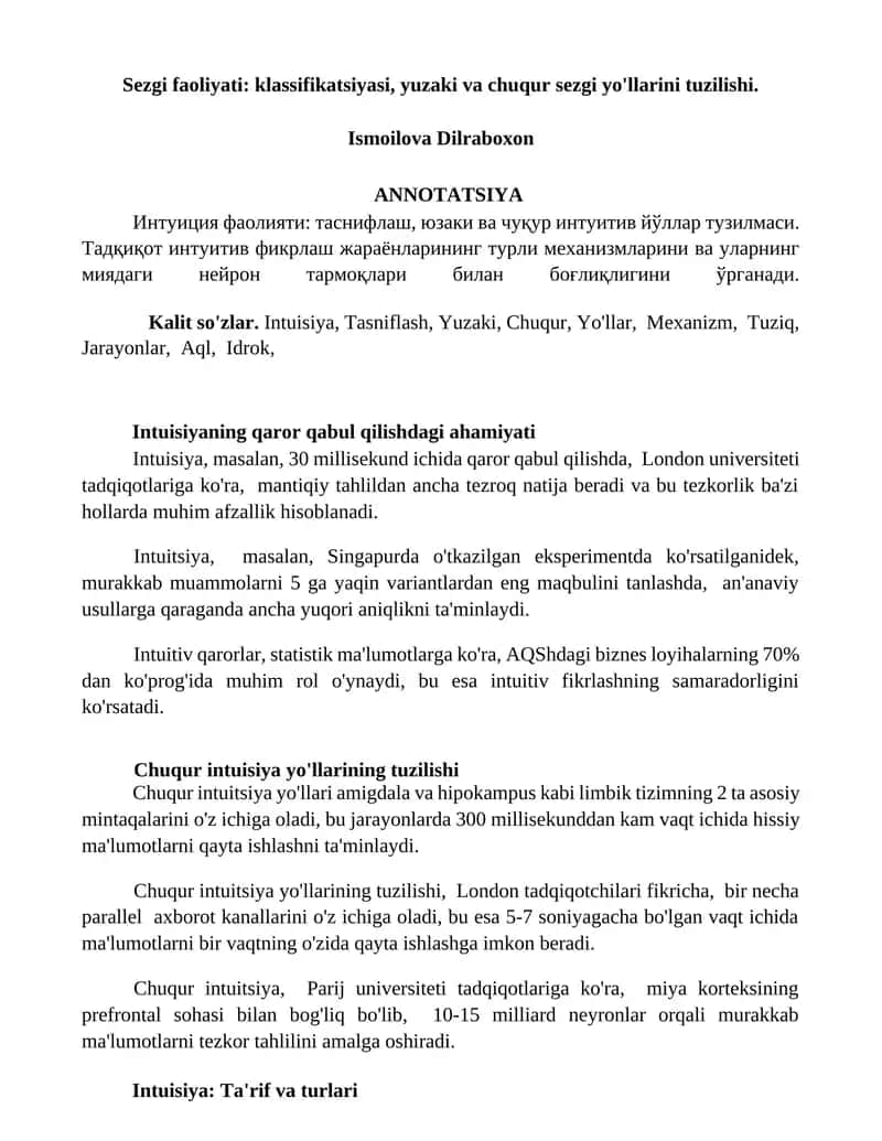 Sezgi faoliyati: klassifikatsiyasi, yuzaki va chuqur sezgi yo'llarini tuzilishi.