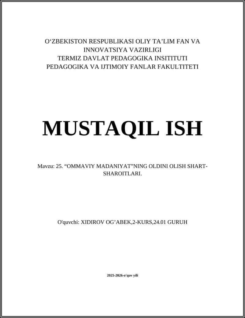 "OMMAVIY MADANIYAT"NING OLDINI OLISH SHART-SHAROITLARI