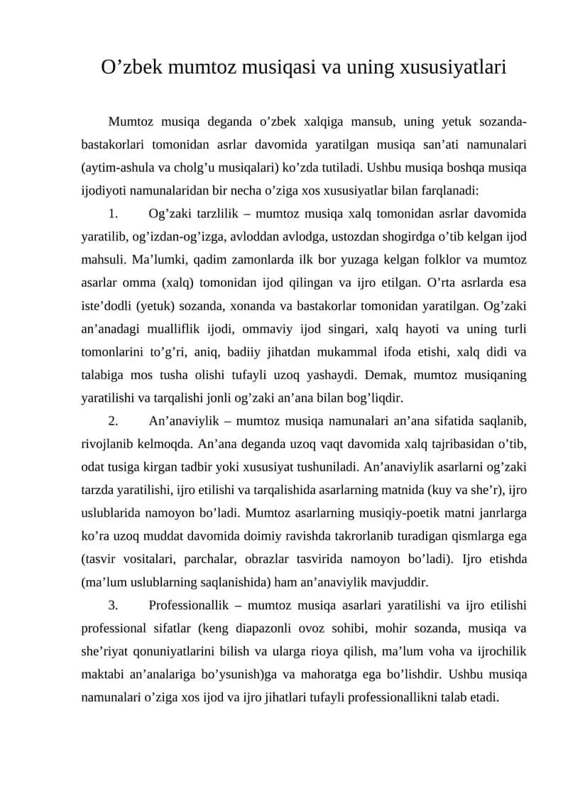 O’zbek mumtoz musiqasi va uning xususiyatlari