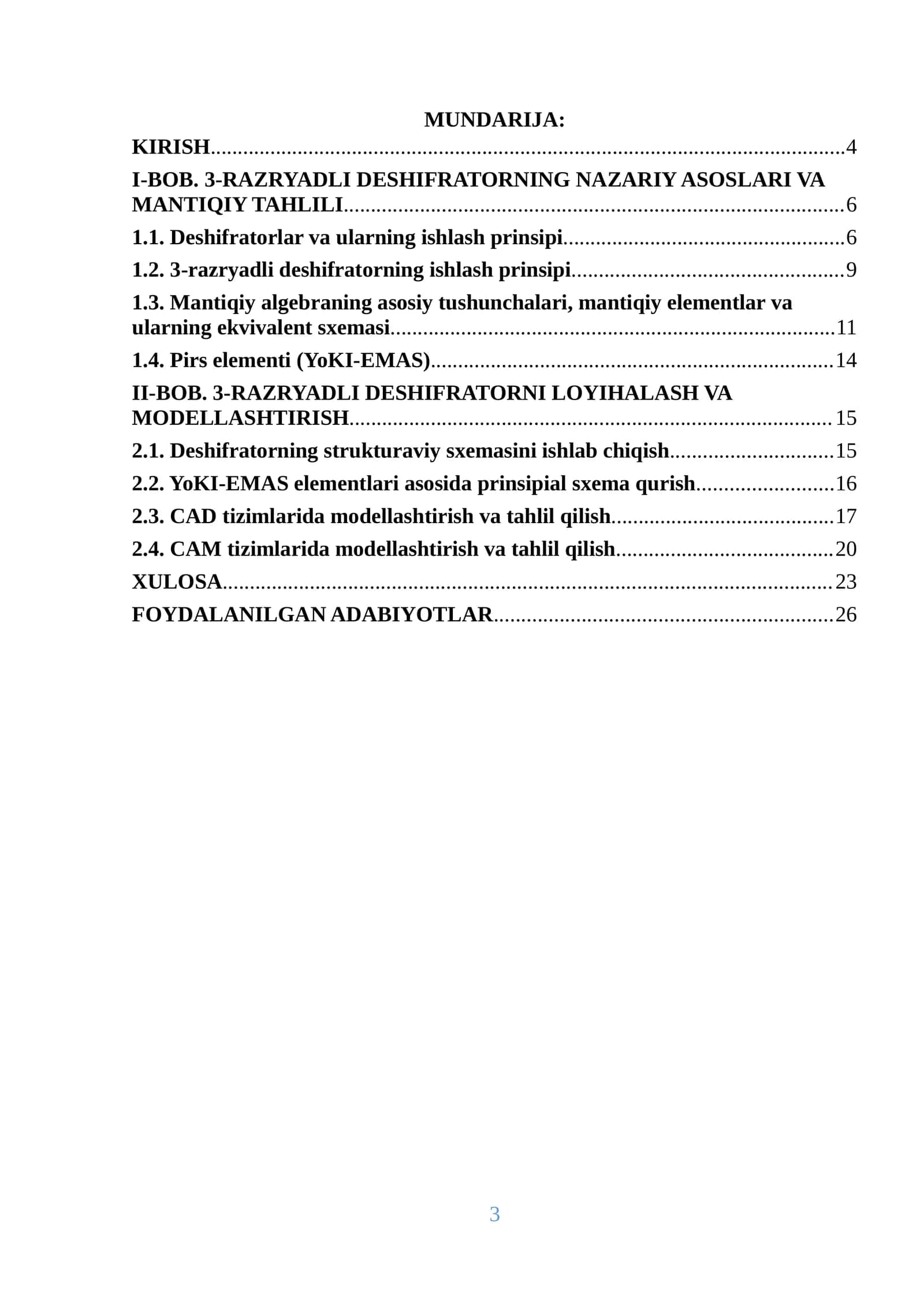 Universal YoKI-EMAS (NOR) mantiqiy elementlari asosida 3-razryadli deshifratorni loyihalash va CADCAM tizimlarida modellashtirish