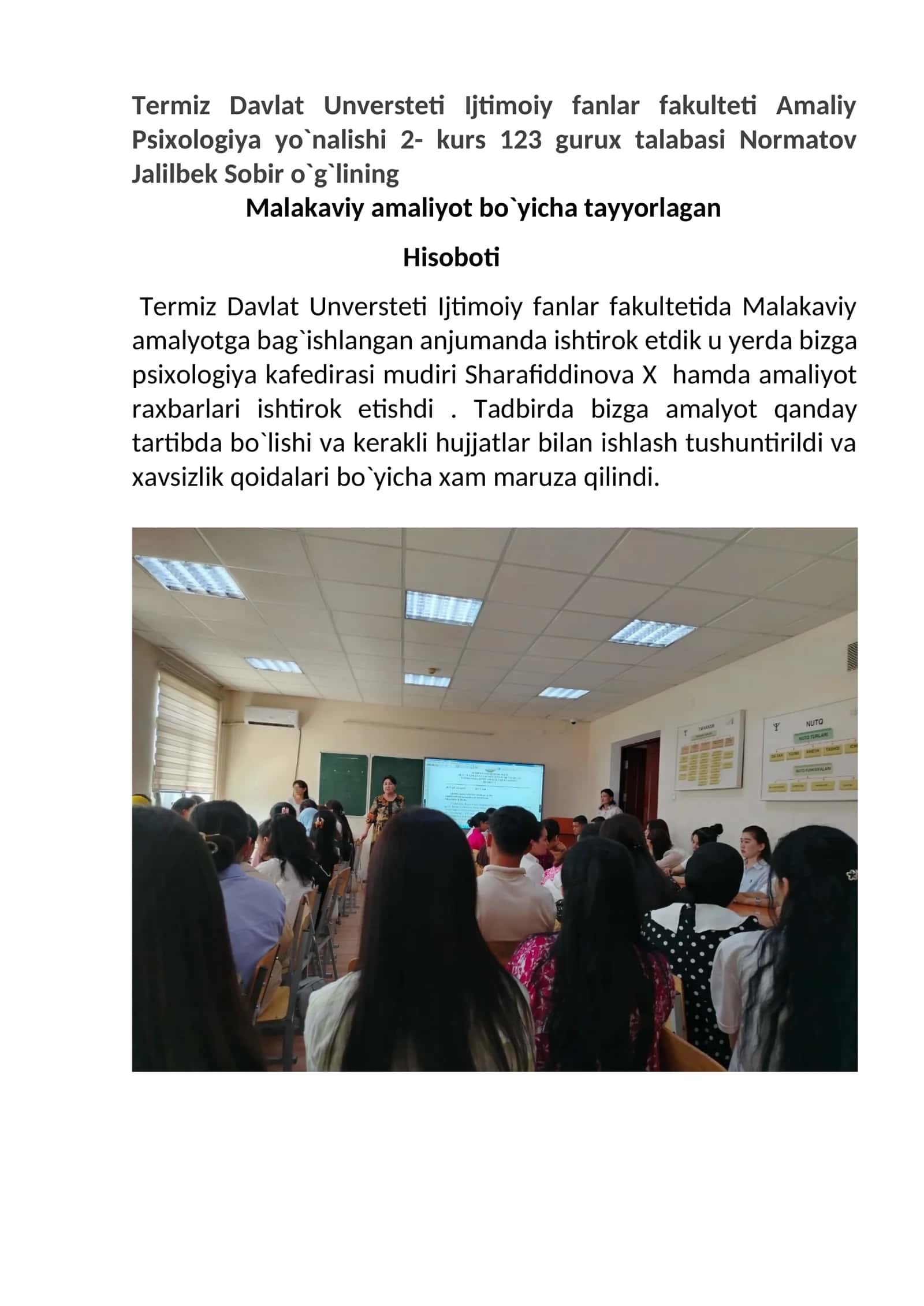 Amaliy Psixologiya yo`nalishi 2- kurs Hisoboti
