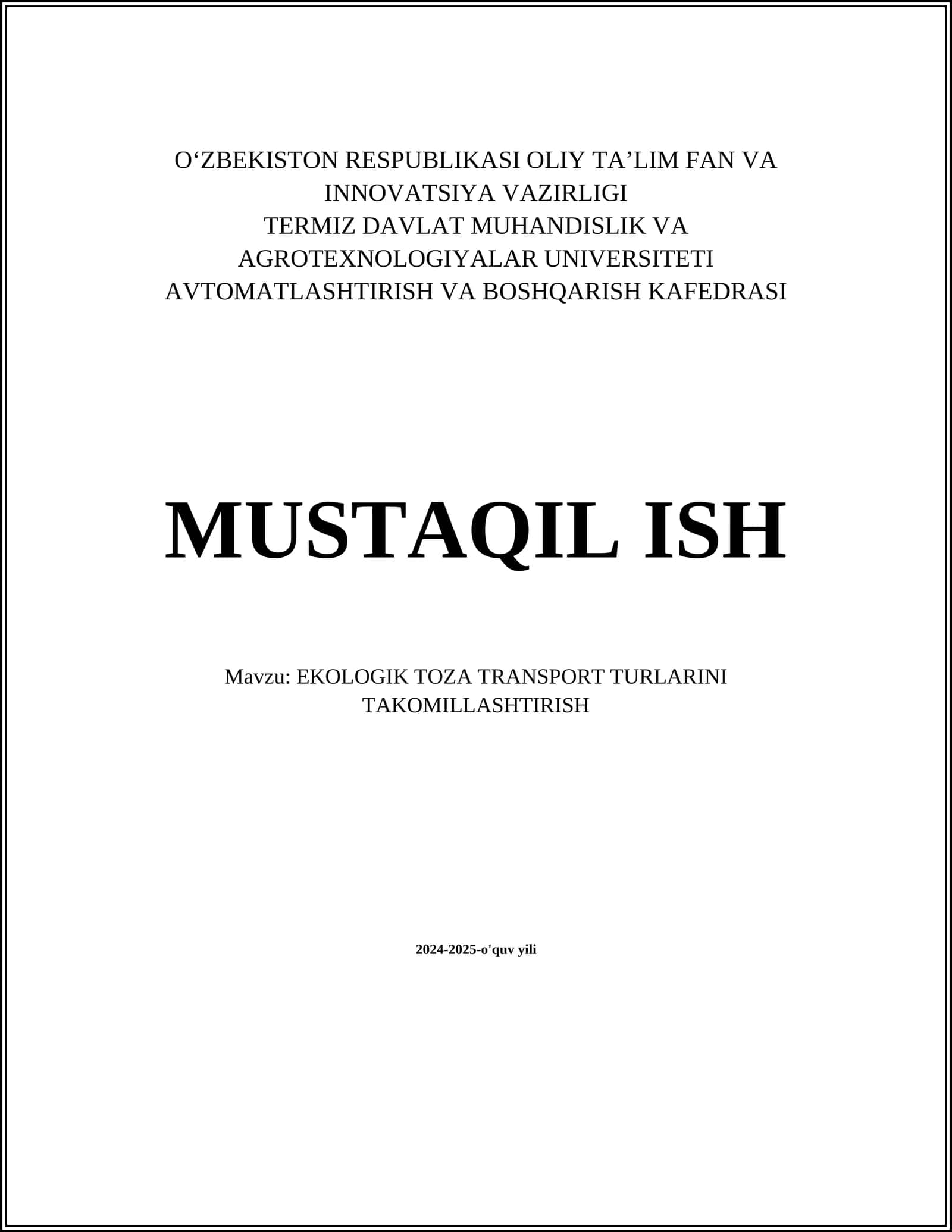 EKOLOGIK TOZA TRANSPORT TURLARINI TAKOMILLASHTIRISH