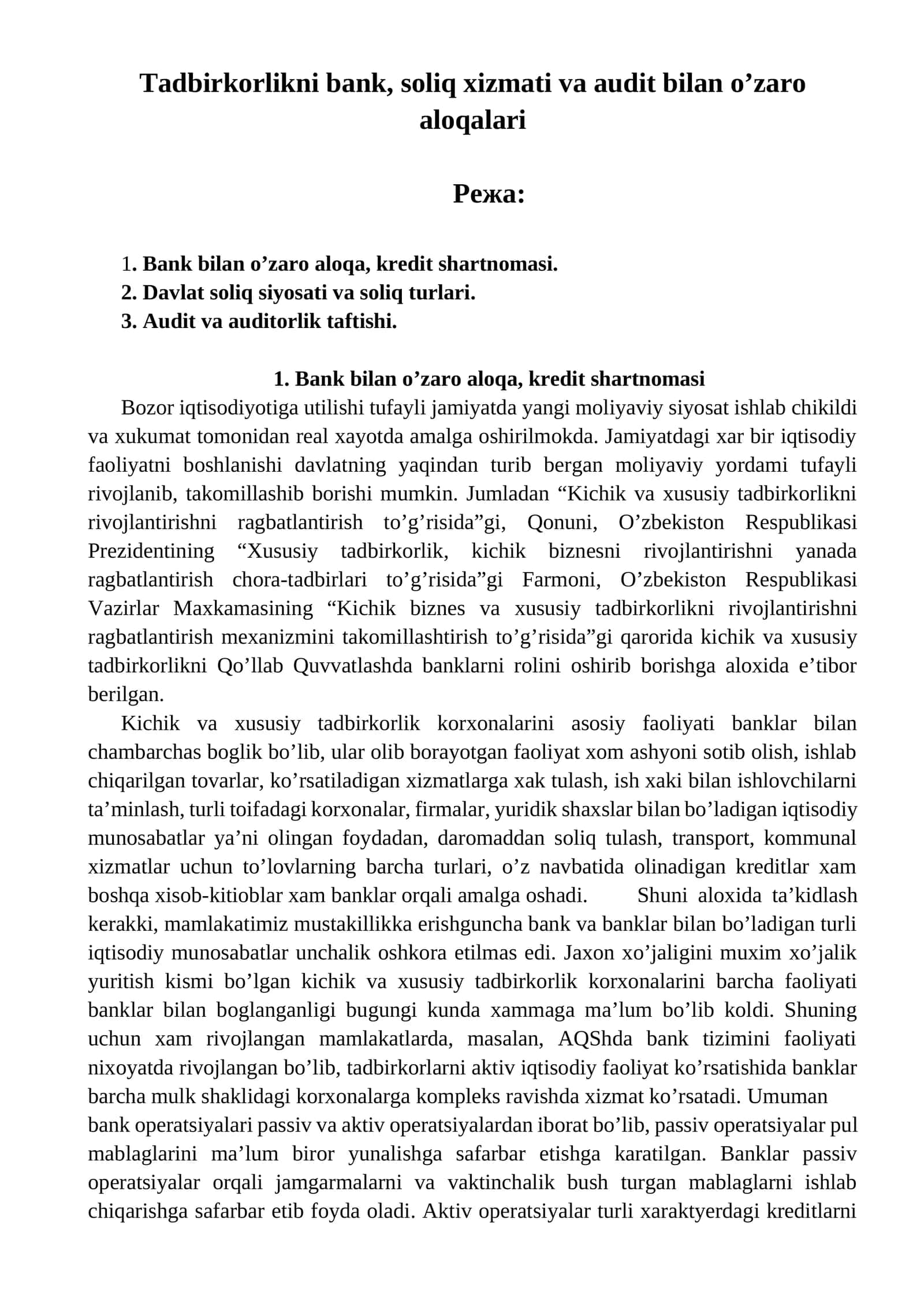 Tadbirkorlikni bank, soliq xizmati va audit bilan o’zaro aloqalari