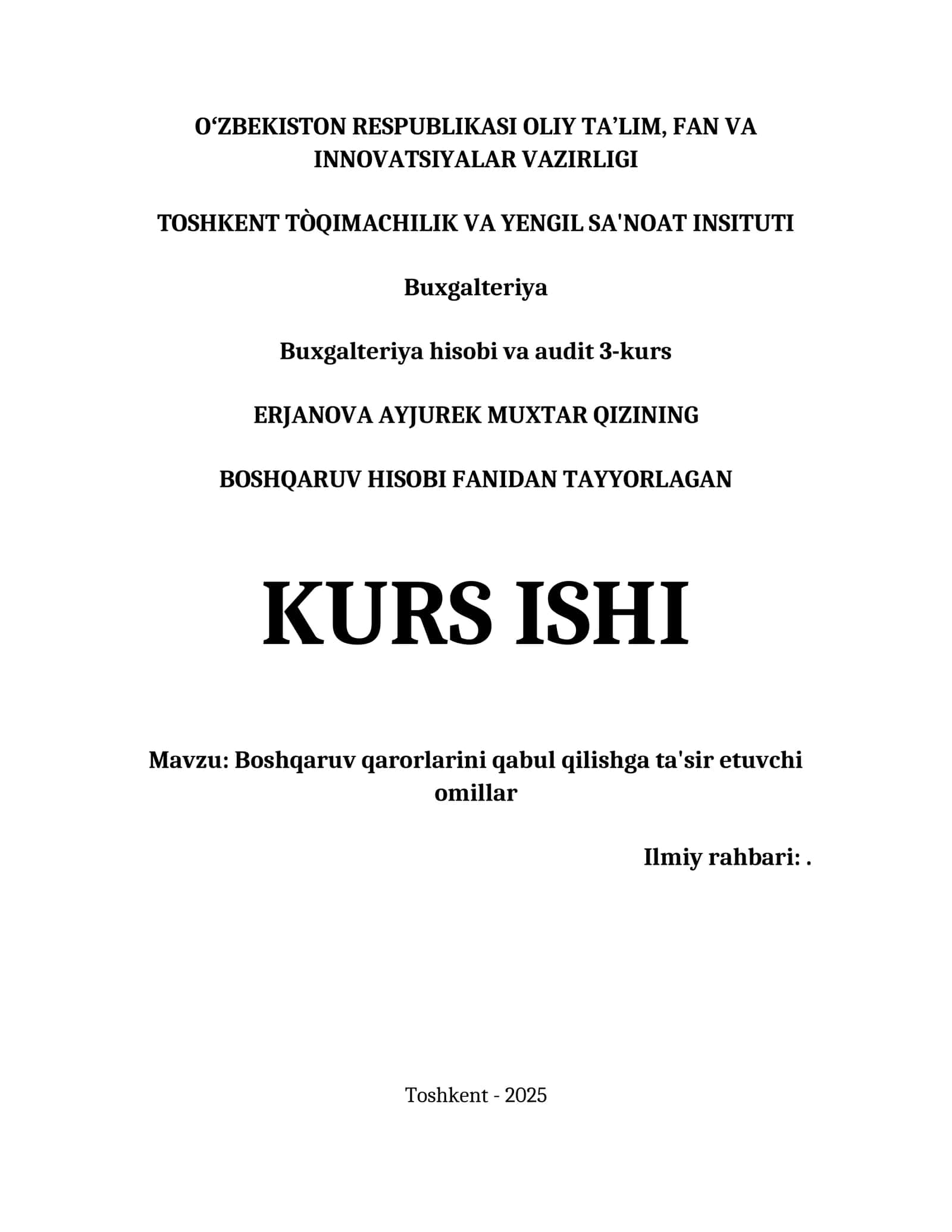 Buxgalteriya hisobi va audit 3-kurs