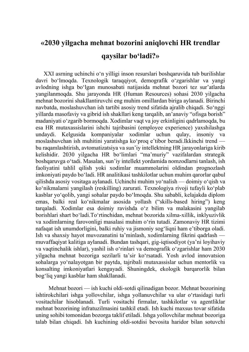 HR trendlar. Mehnat bozori.
