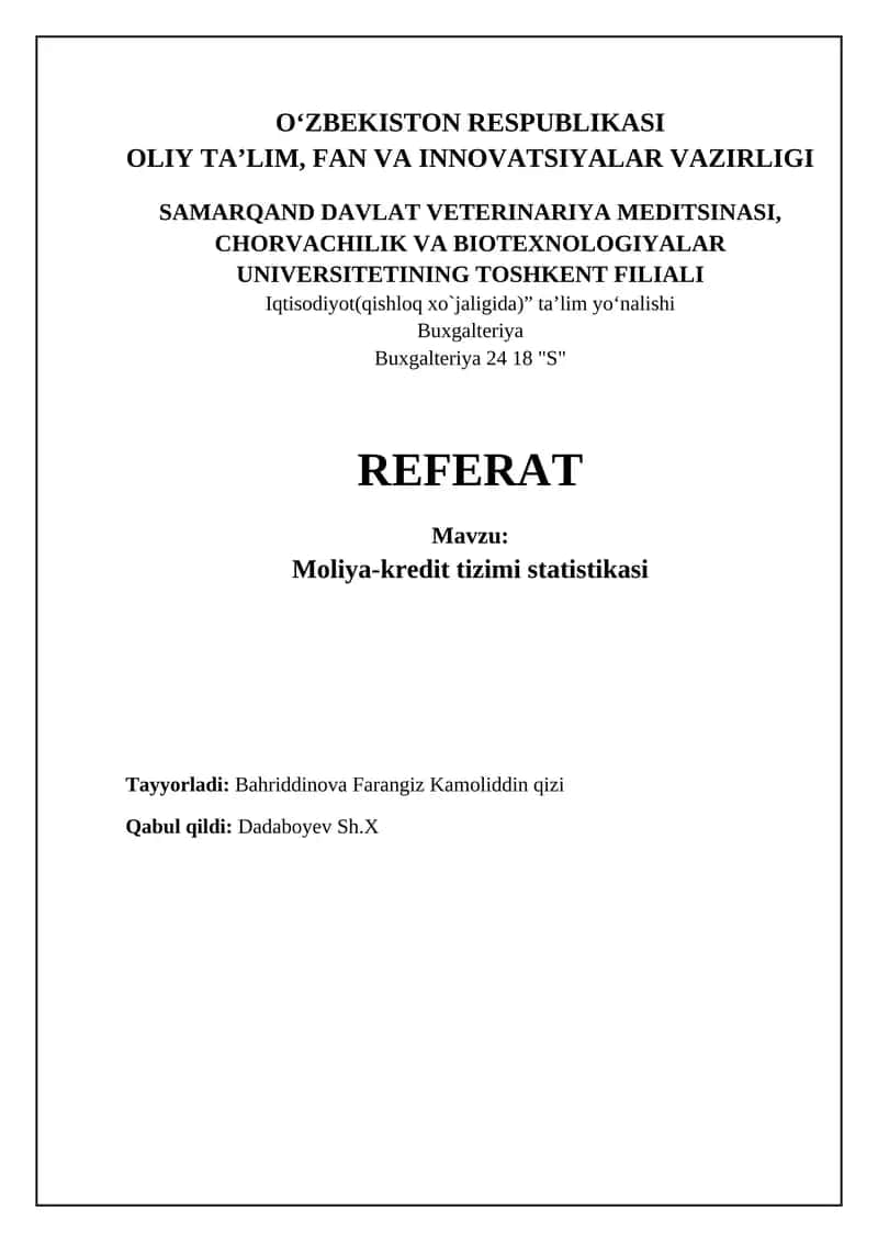 Moliya-kredit tizimi statistikasi