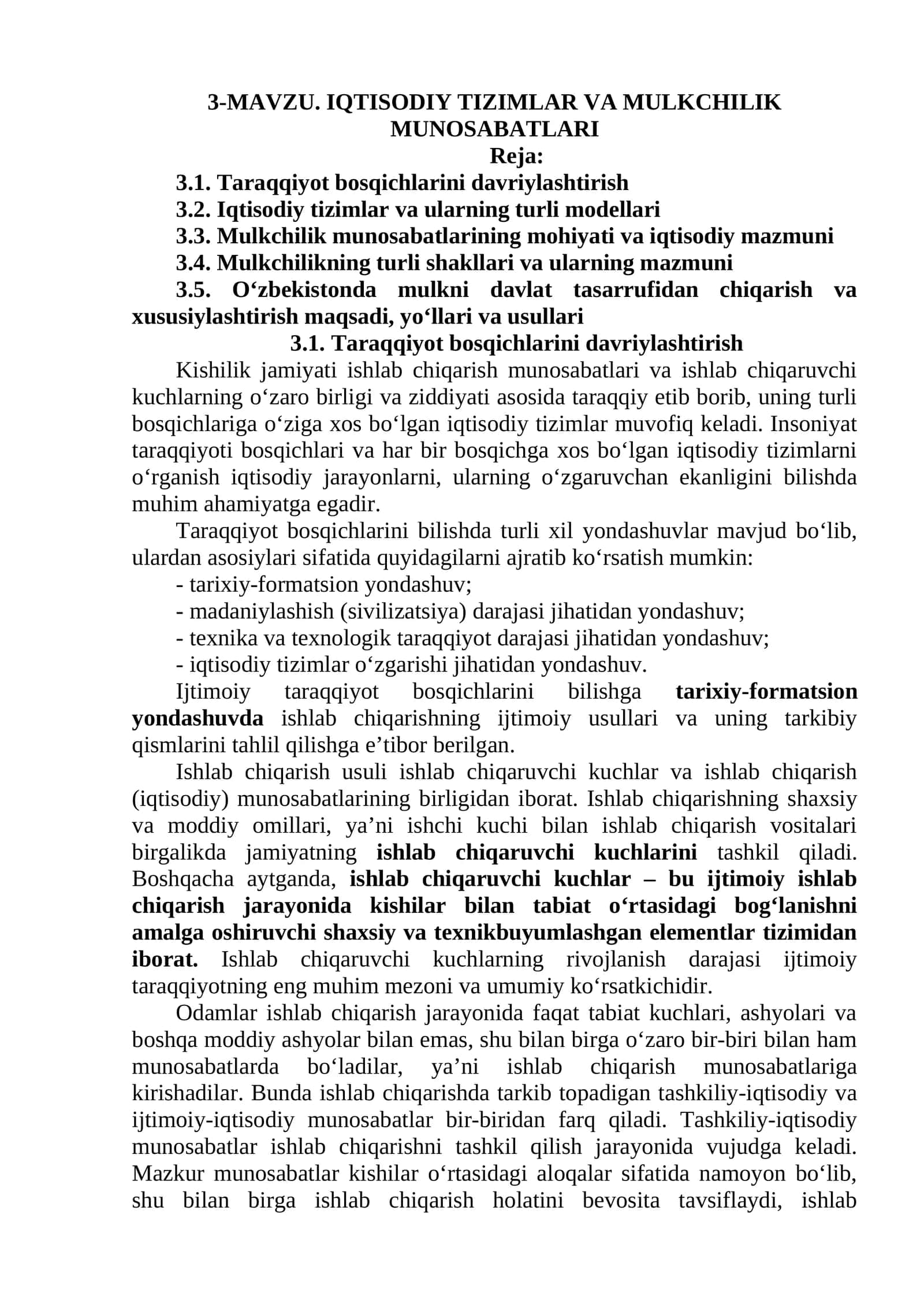 IQTISODIY TIZIMLAR VA MULKCHILIK MUNOSABATLARI