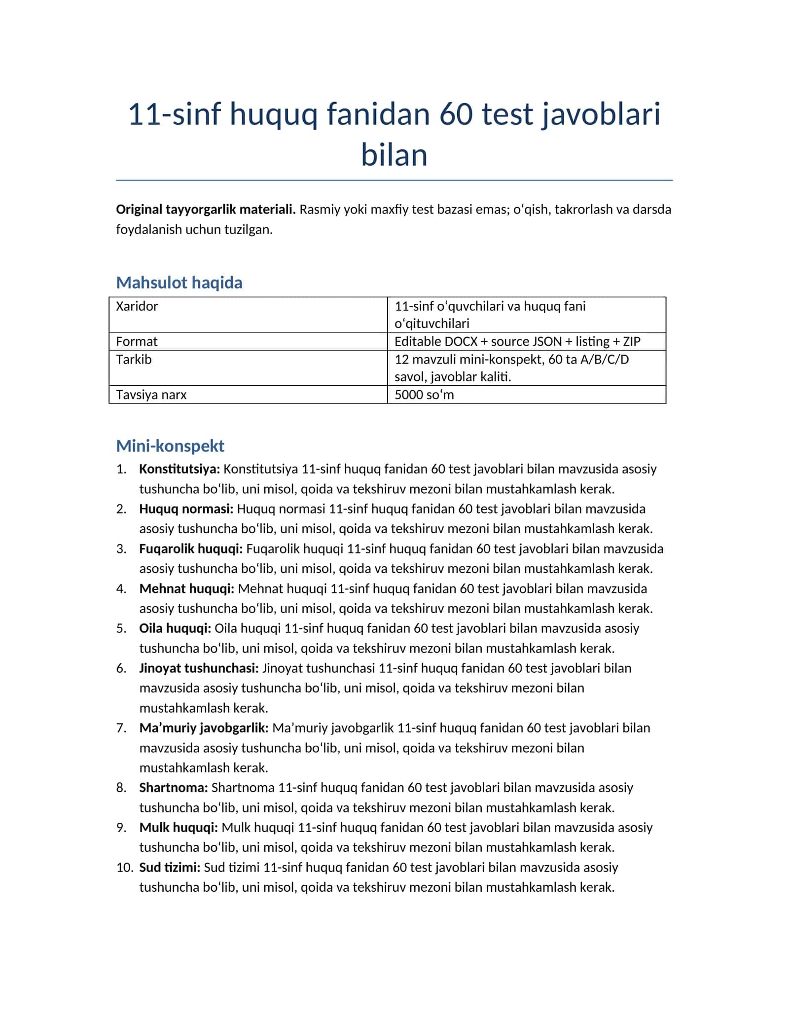 11-sinf huquq fanidan 60 test javoblari bilan