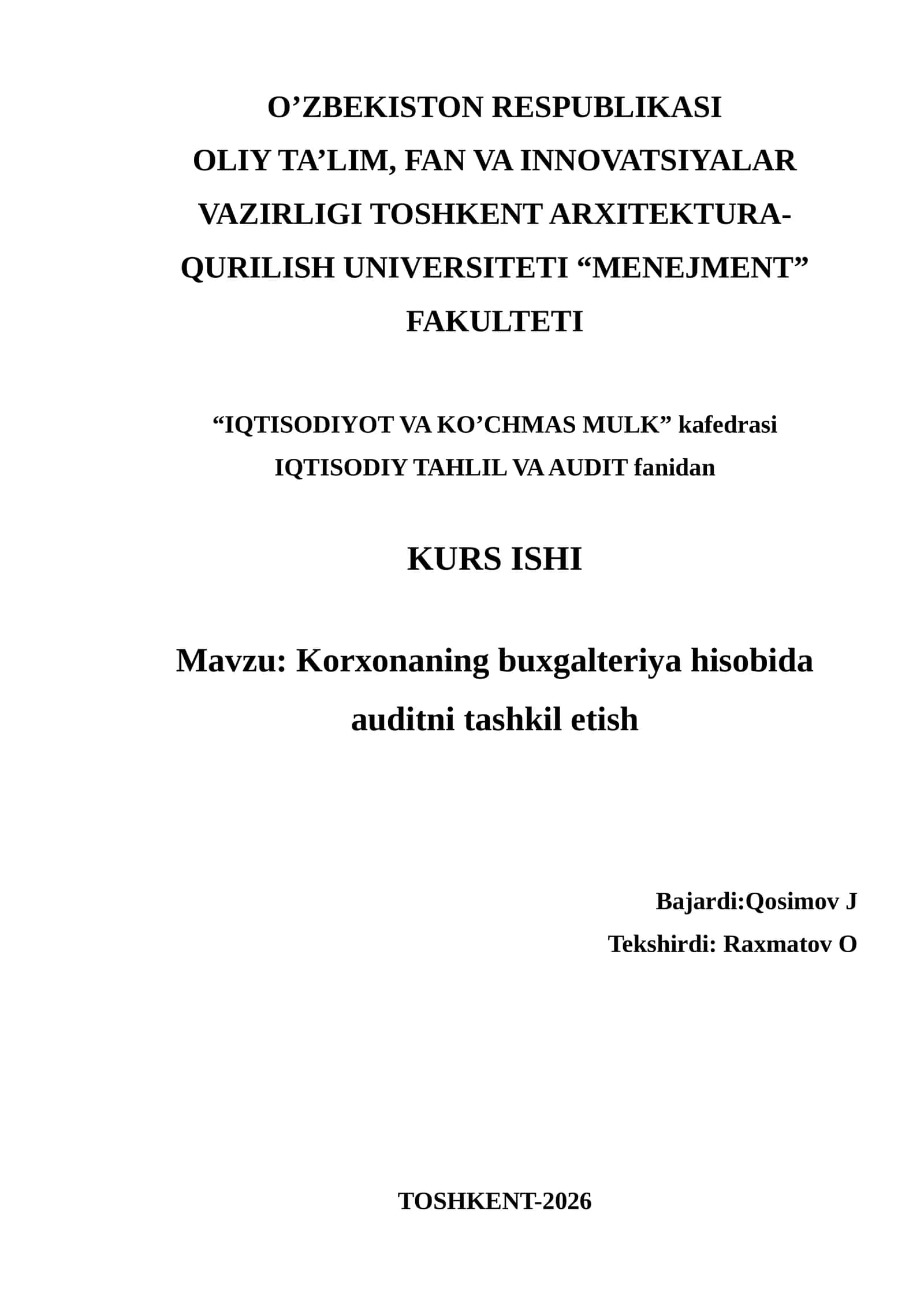 Korxonaning buxgalteriya hisobida auditni tashkil etish