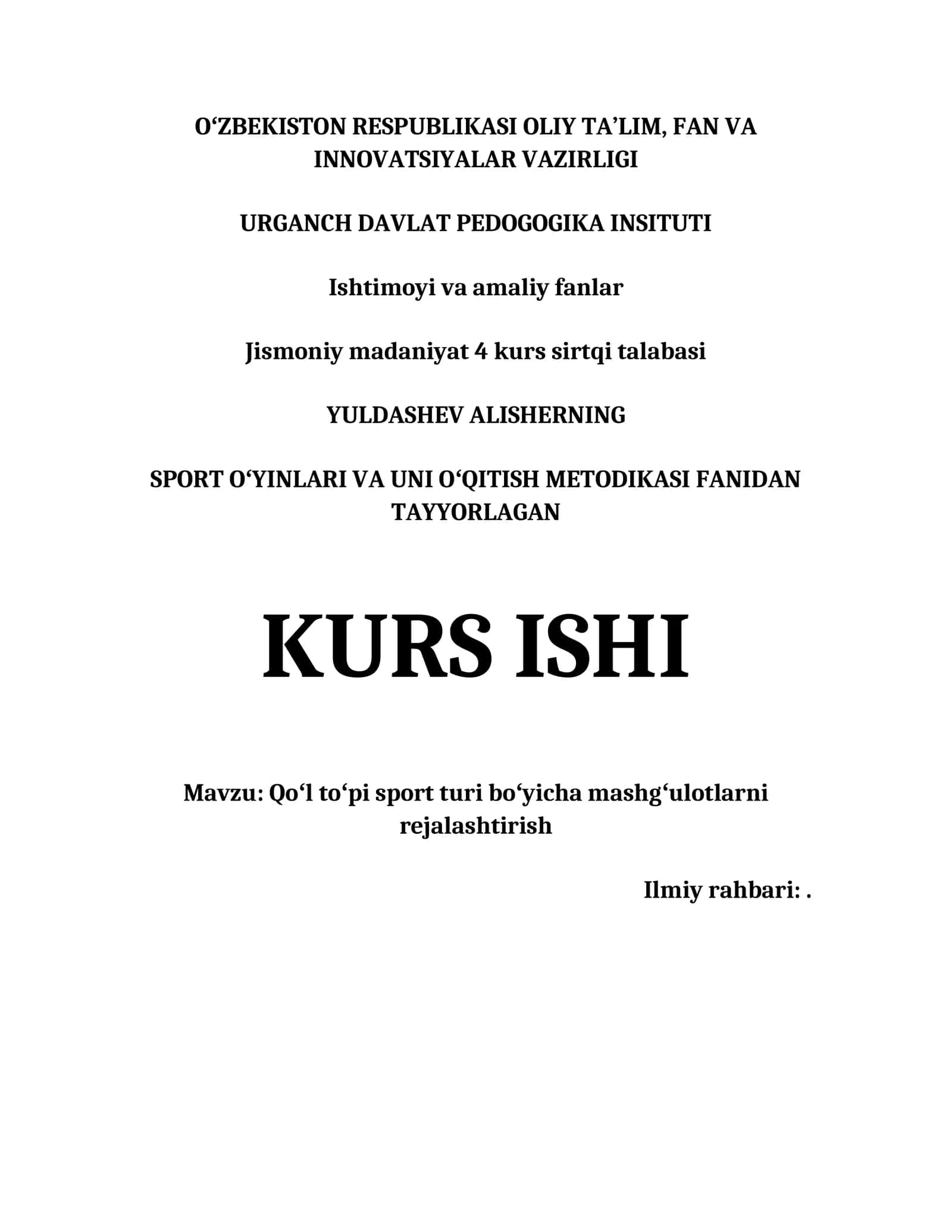 QOʻL TOʻPI SPORT TURI BOʻYICHA MASHGʻULOTLARNI REJALASHTIRISH