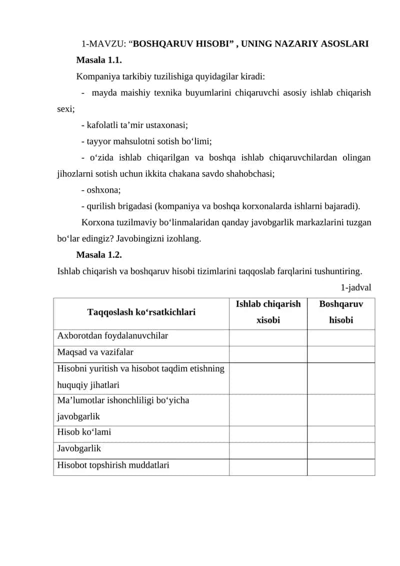 BOSHQARUV HISOBI, UNING NAZARIY ASOSLARI