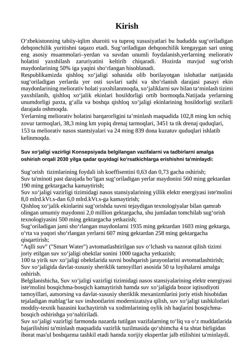 Sug‘oriladigan yerlarning meliorativ holatini yaxshilash