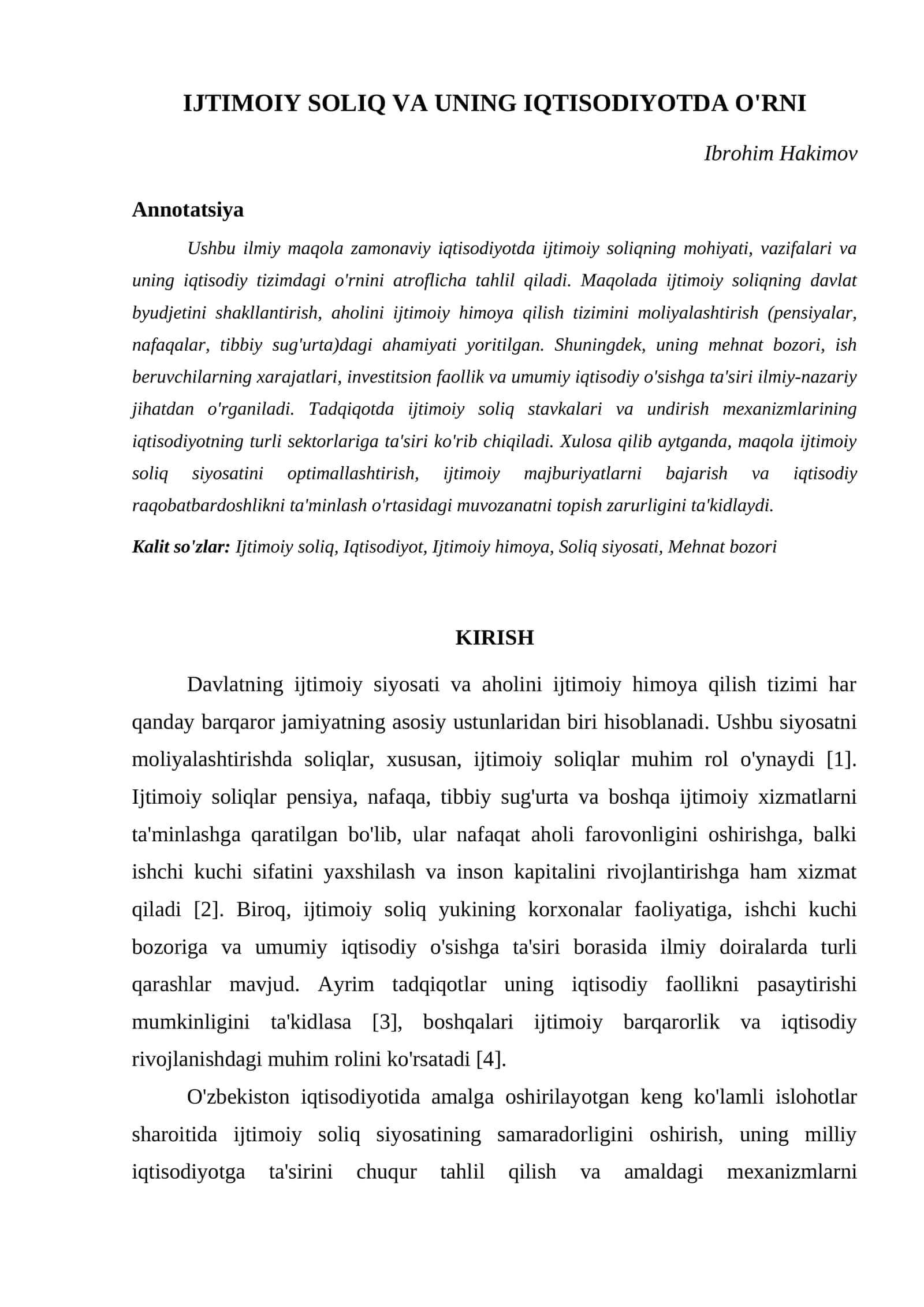 IJTIMOIY SOLIQ VA UNING IQTISODIYOTDA O'RNI