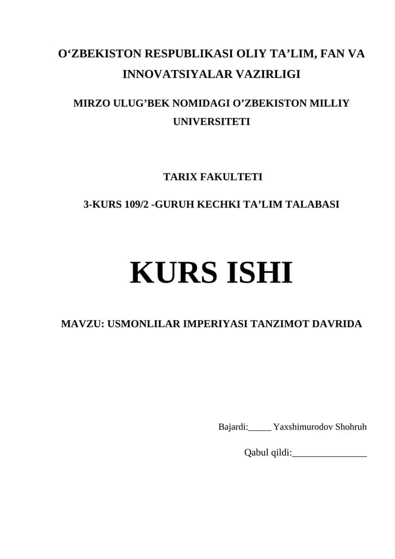 USMONLILAR IMPERIYASI TANZIMOT DAVRIDA