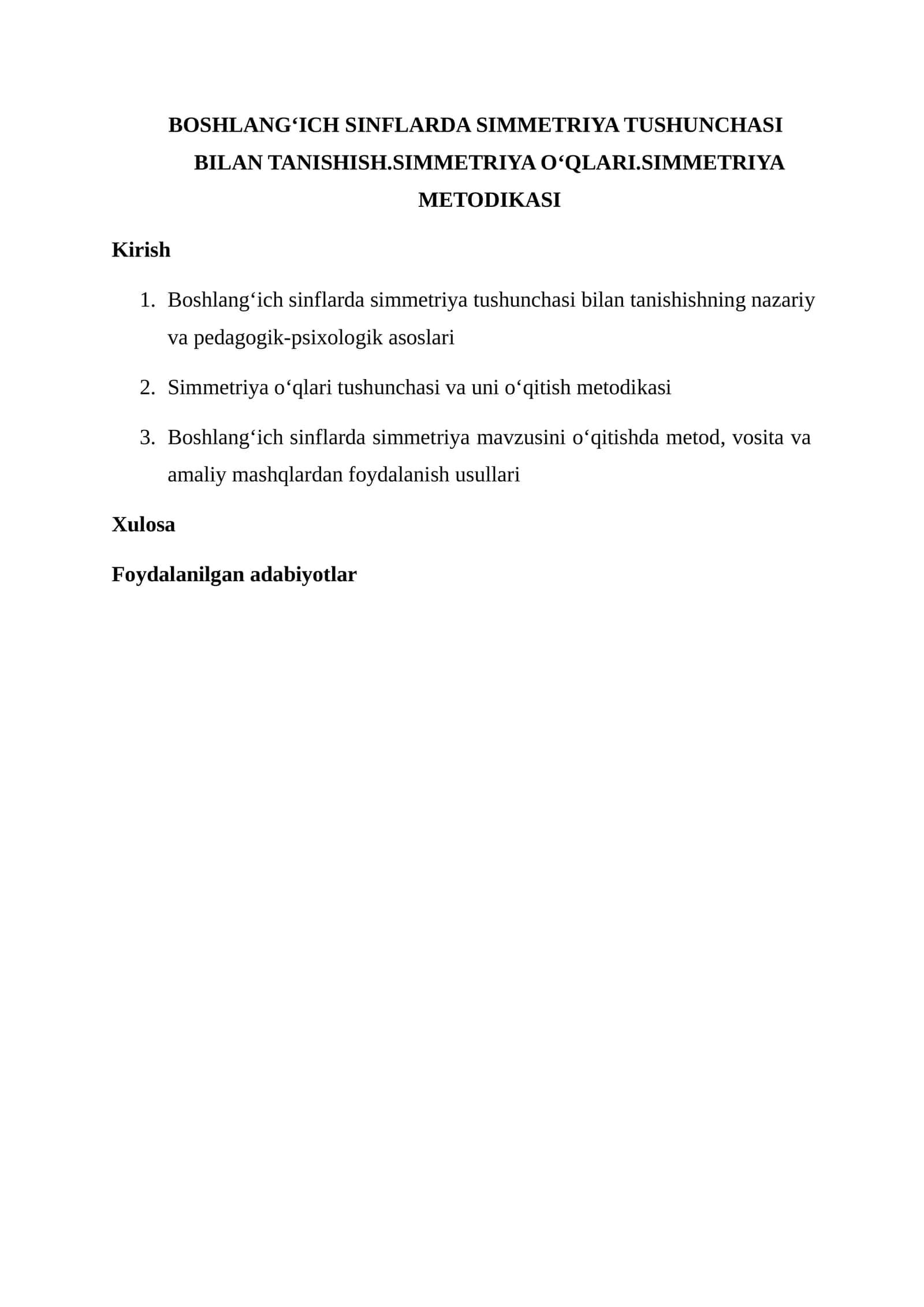 Boshlangʻich sinflarda simmetriya tushunchasi bilan tanishish