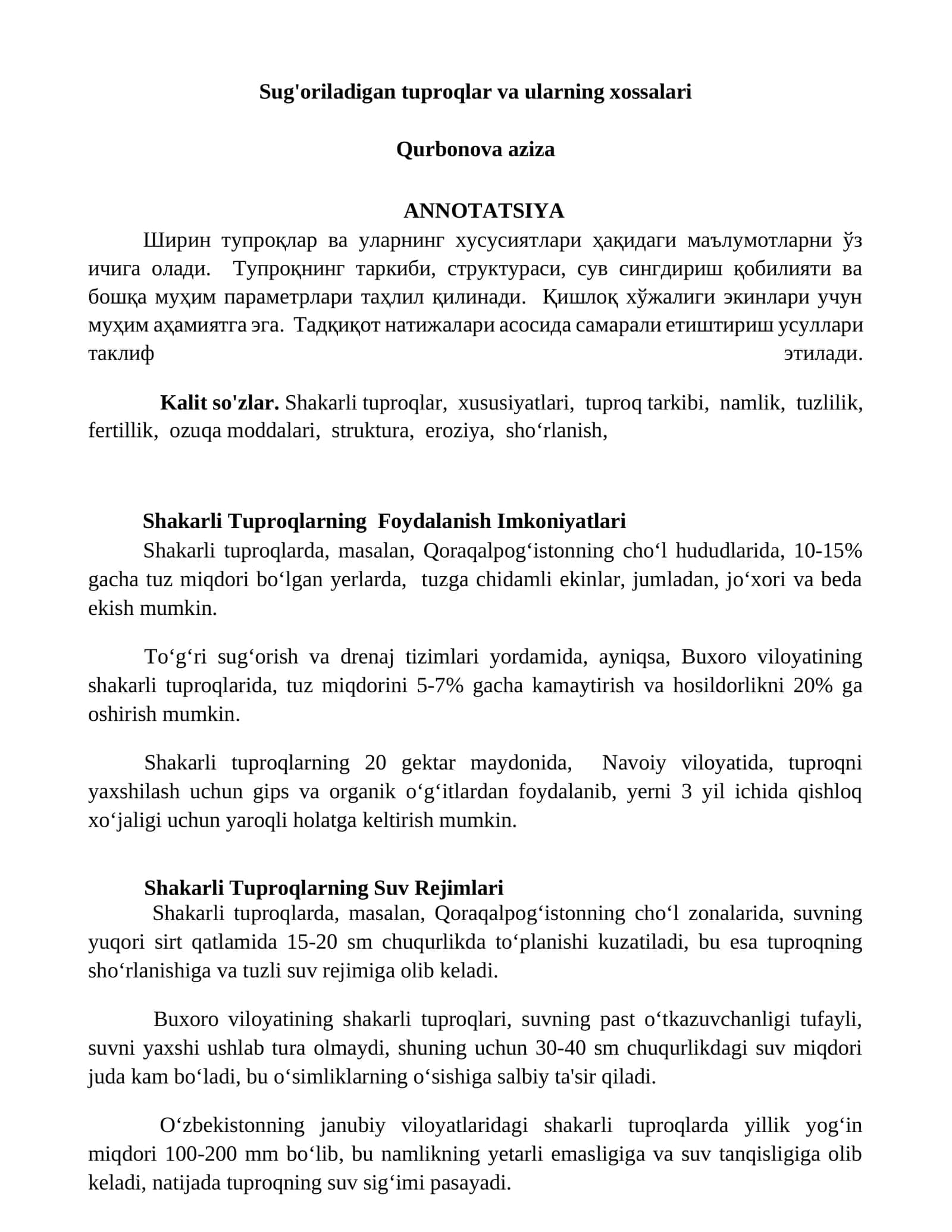 Shakarli Tuproqlarning Foydalanish Imkoniyatlari