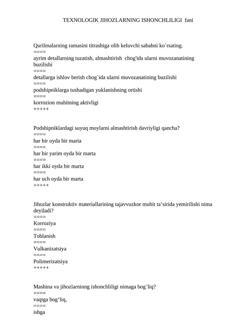TEXNOLOGIK JIHOZLARNING ISHONCHLILIGI fani