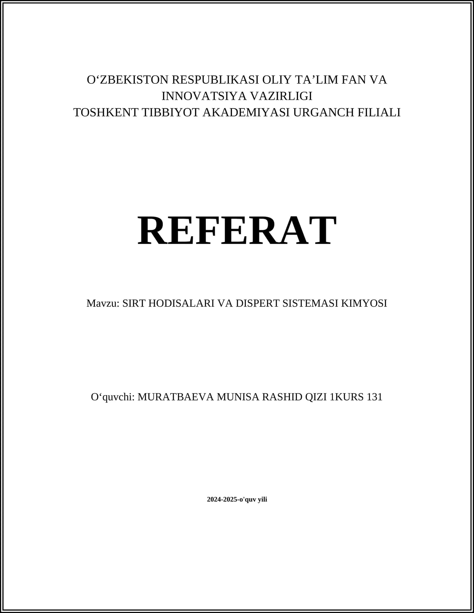 SIRT HODISALARI VA DISPERT SISTEMASI KIMYOSI