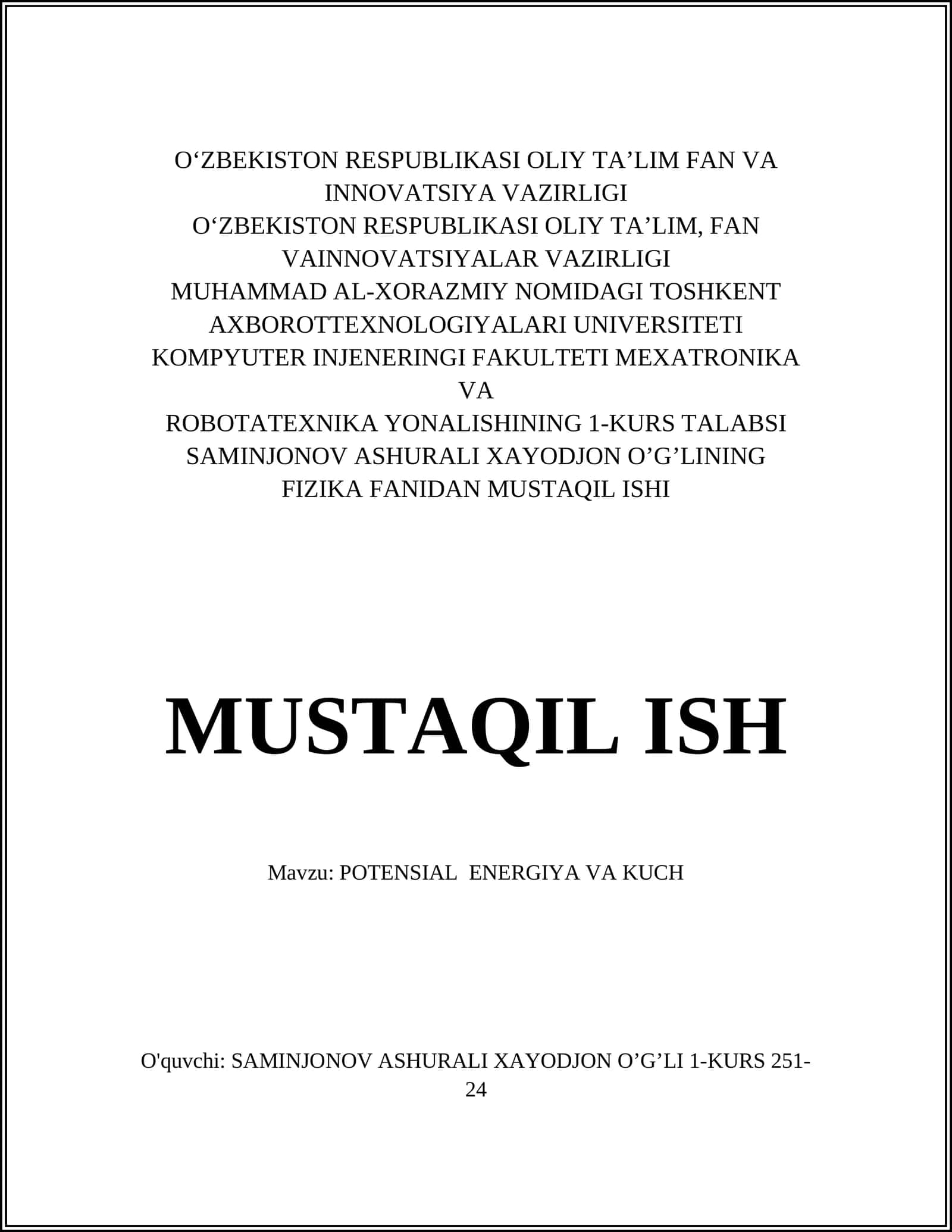 POTENSIAL ENERGIYA VA KUCH
