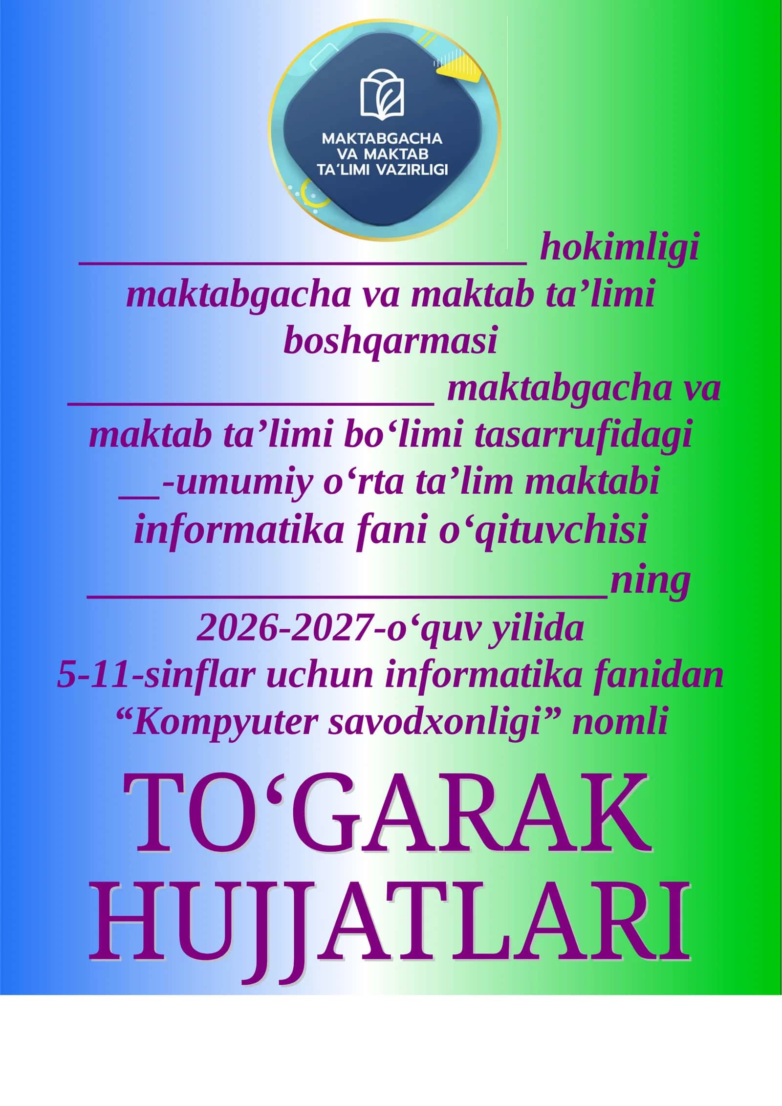 Informatika 5-11-sinf 68 soat to'garak.