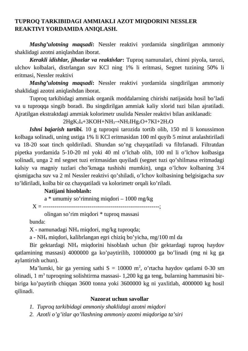 TUPROQ TARKIBIDAGI AMMIAKLI AZOT MIQDORINI NESSLER REAKTIVI YORDAMIDA ANIQLASH