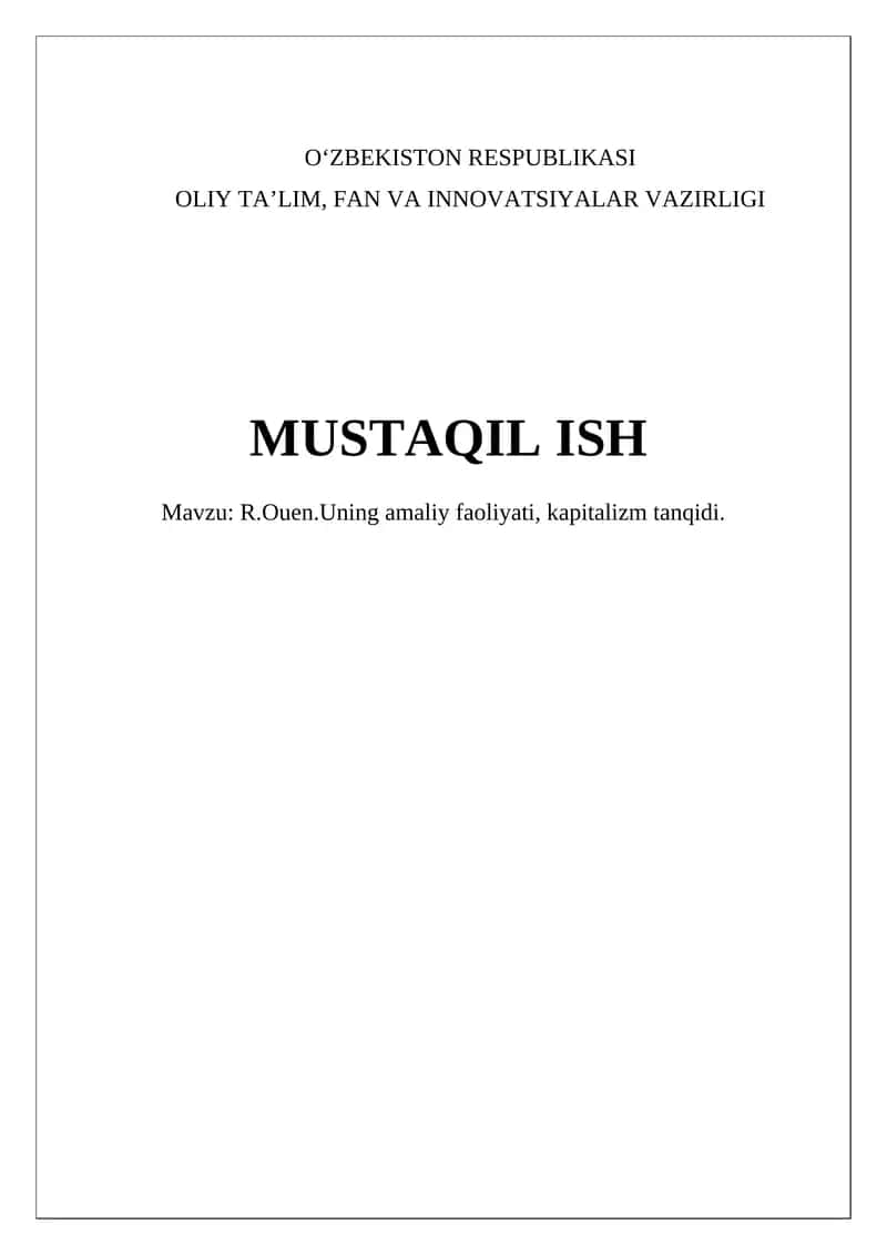 R.Ouen.Uning amaliy faoliyati, kapitalizm tanqidi