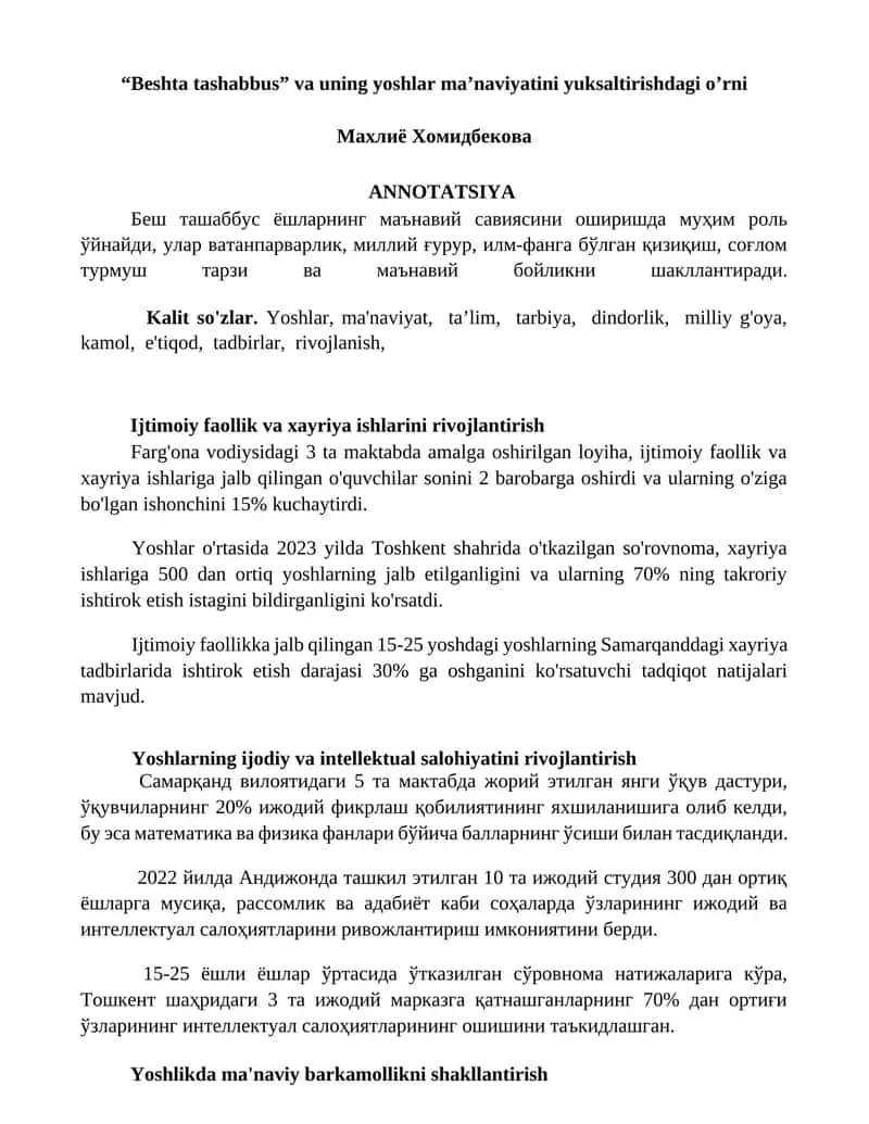 "Beshta tashabbus" va uning yoshlar ma’naviyatini yuksaltirishdagi o’rni