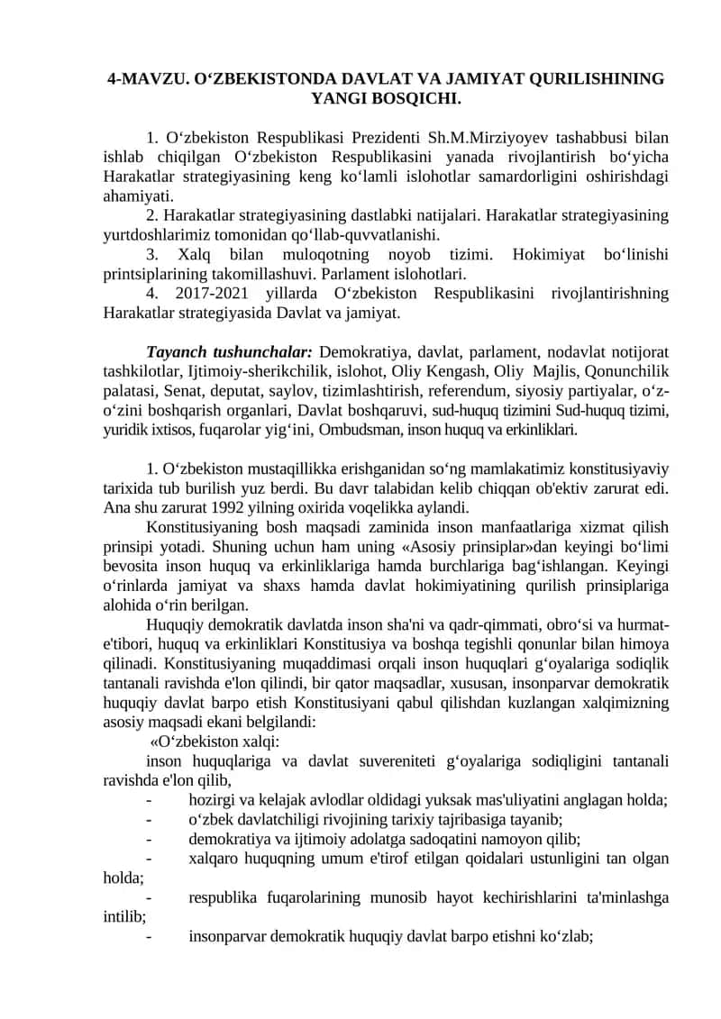 O‘ZBEKISTONDA DAVLAT VA JAMIYAT QURILISHINING YANGI BOSQICHI