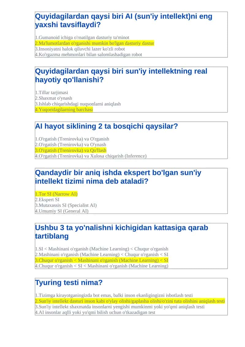AI haqida savollar