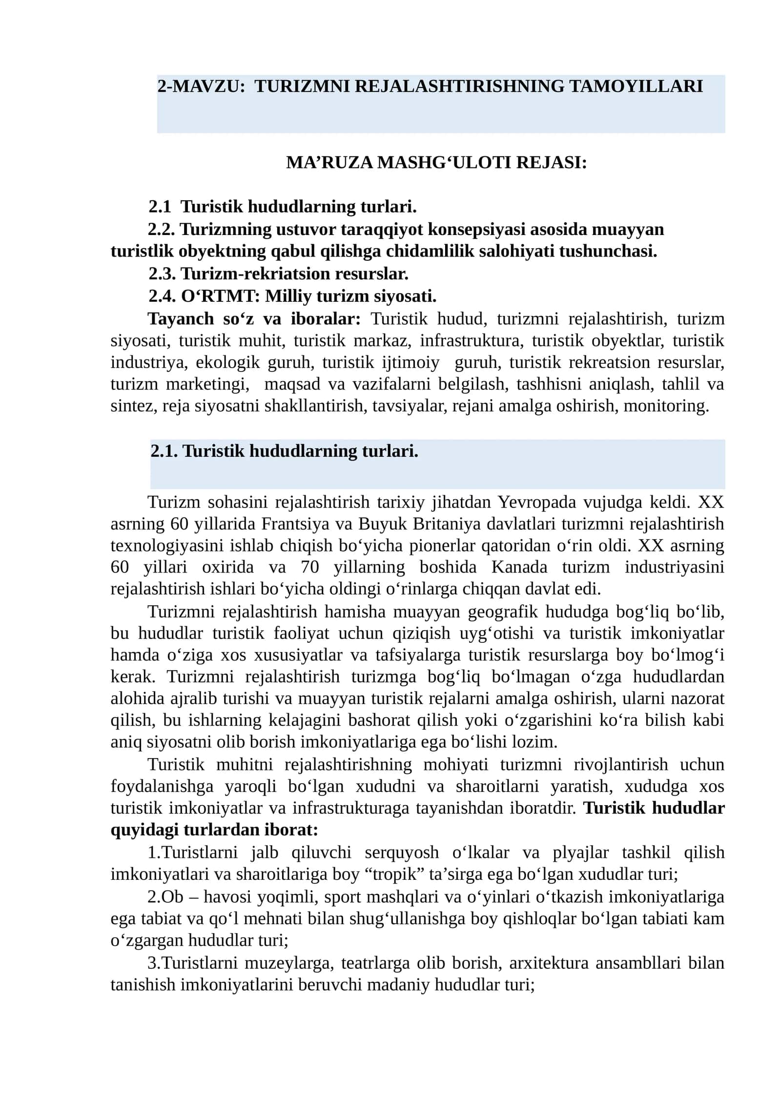 TURIZMNI REJALASHTIRISHNING TAMOYILLARI